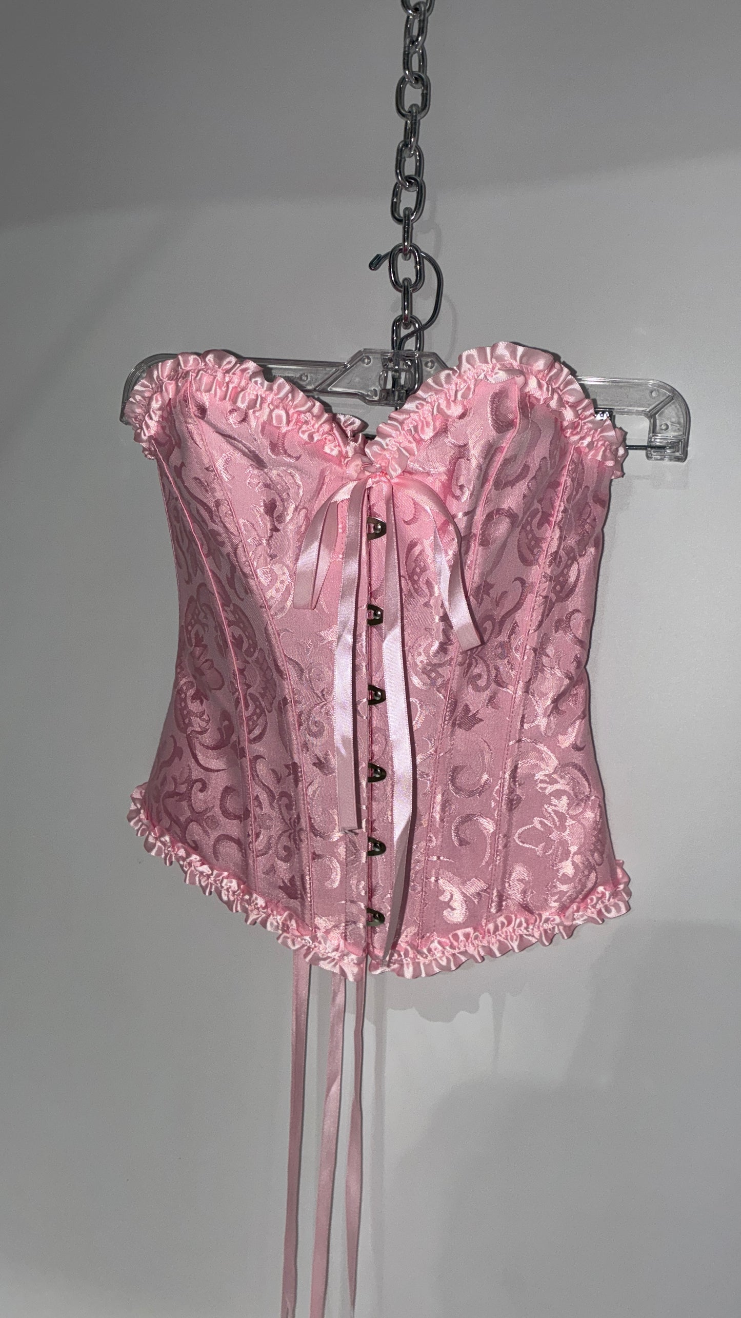 Baby Pink Ruffled Lace Trim Corset with Tie Bust Detail (Small)