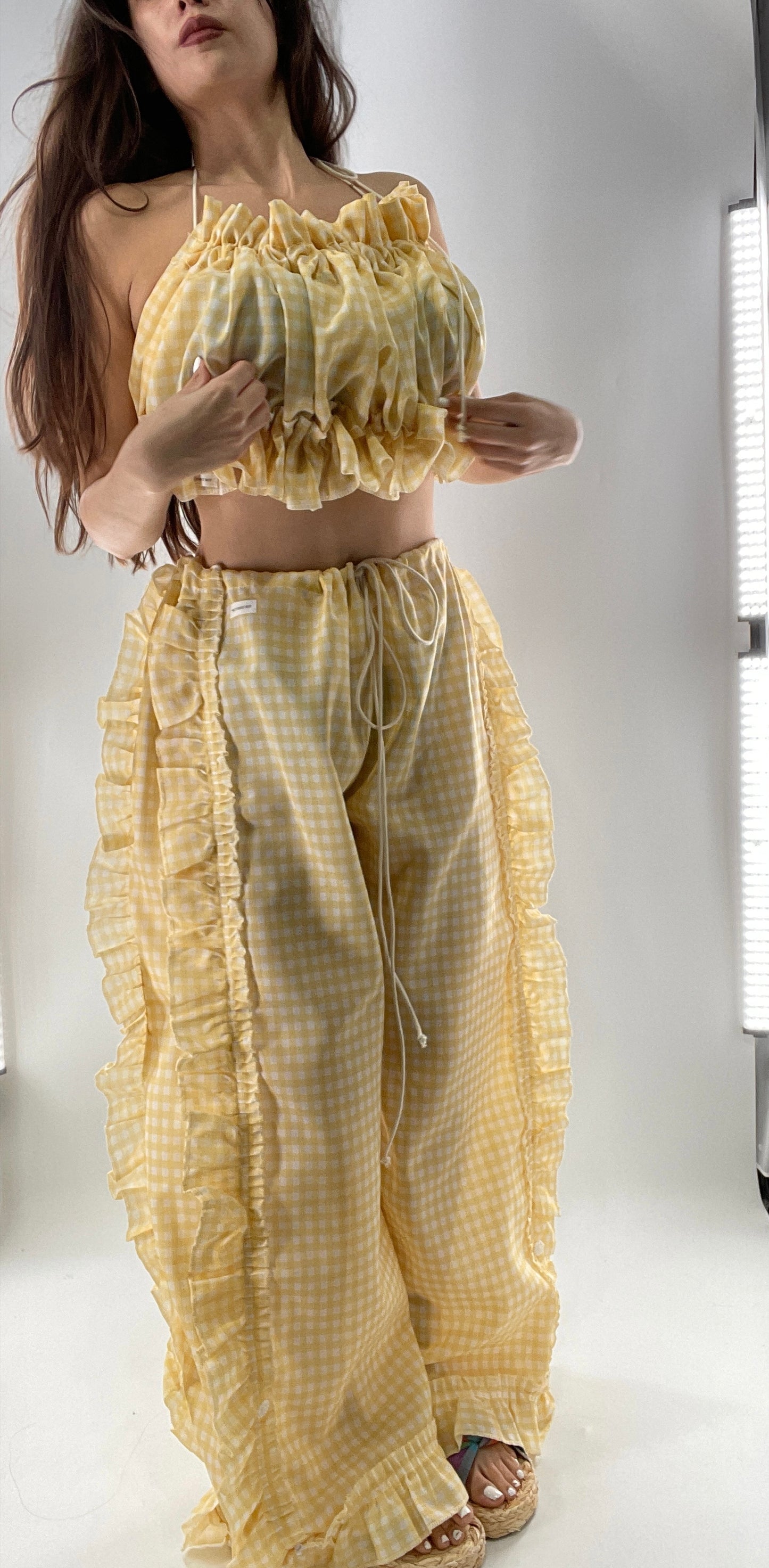 Vintage 2 Piece Yellow Checkered/Gingham Patterned Picnic Set with Ruched Bust Top and Ruffle Side Wide Legs with Adjustable Length, Strap Up Buttons on Hem (One Size)