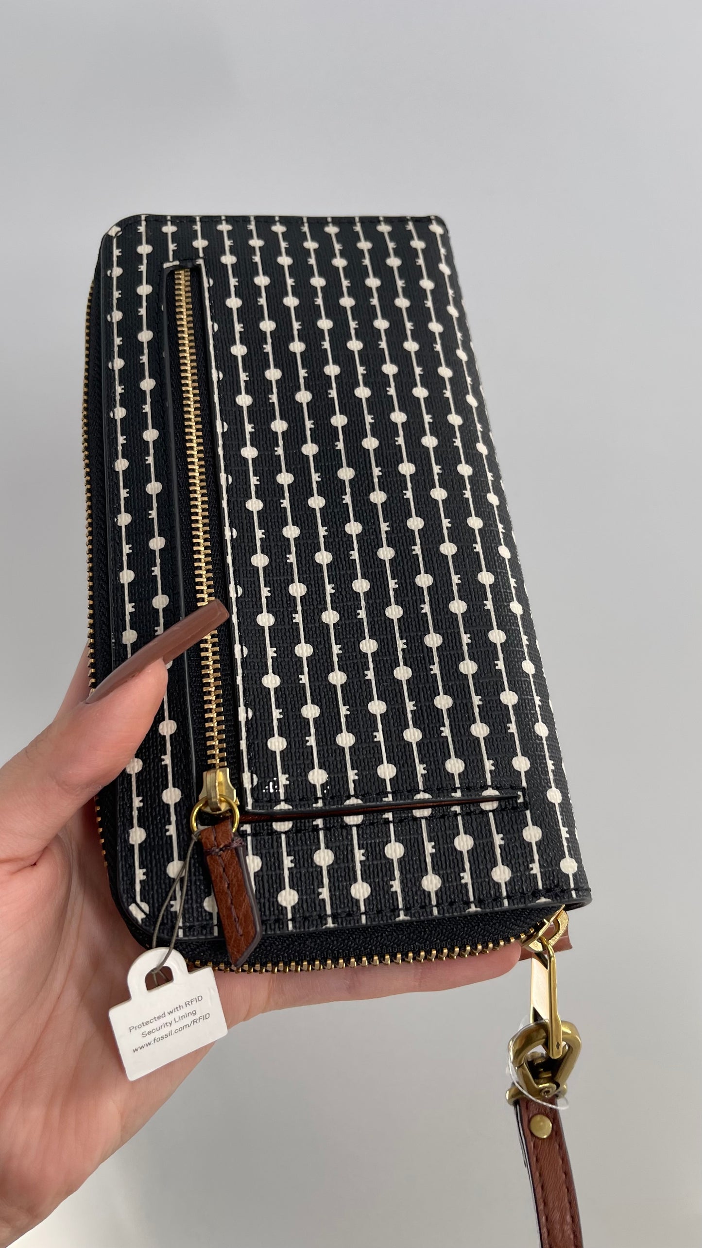 Fossil Black Patterned RFID Protected Wallet with Tags Attached