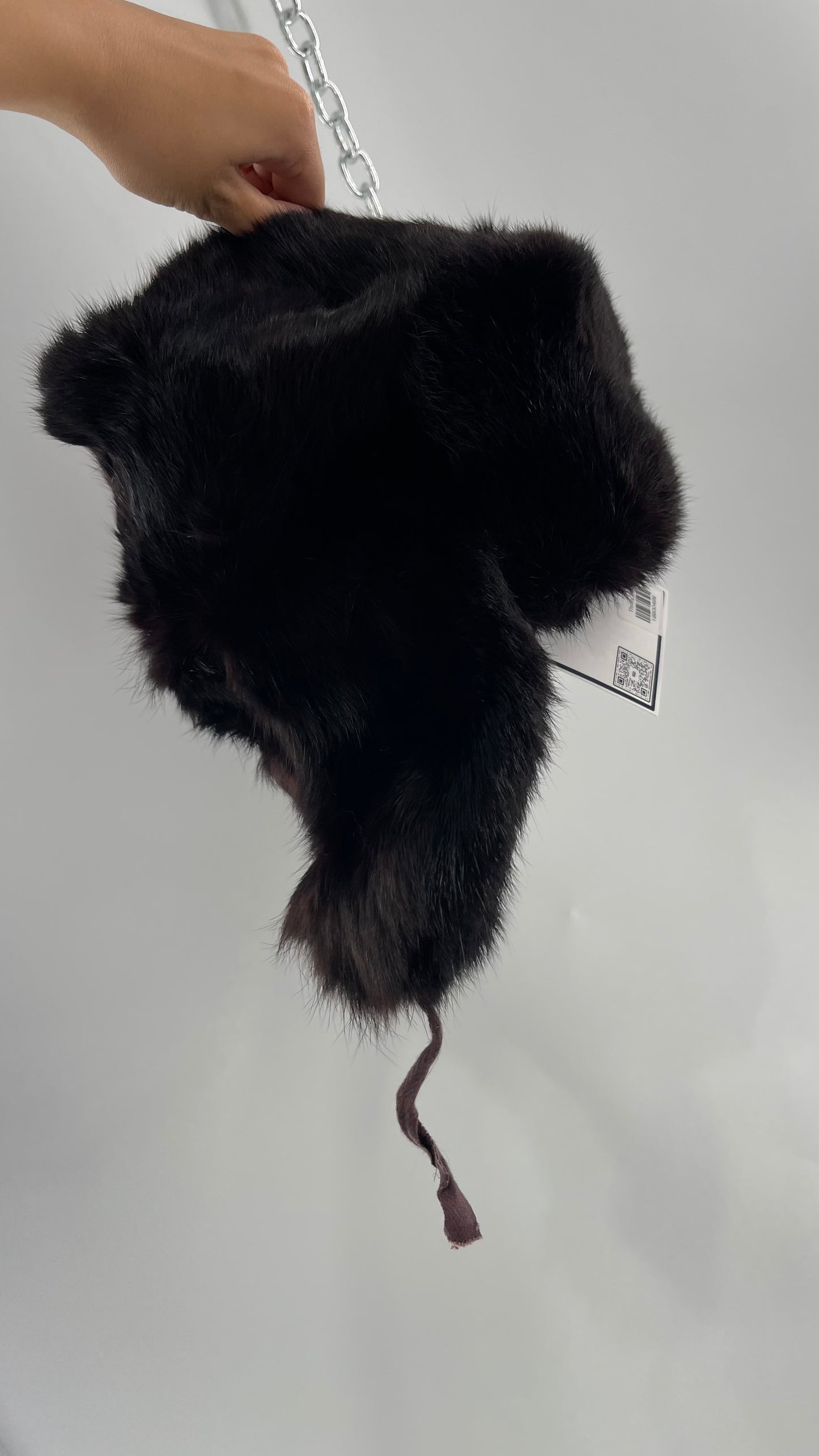 Vintage Russian Black Genuine Rabbit Fur Roller Hat with Pull Down Ear Muff Flaps
