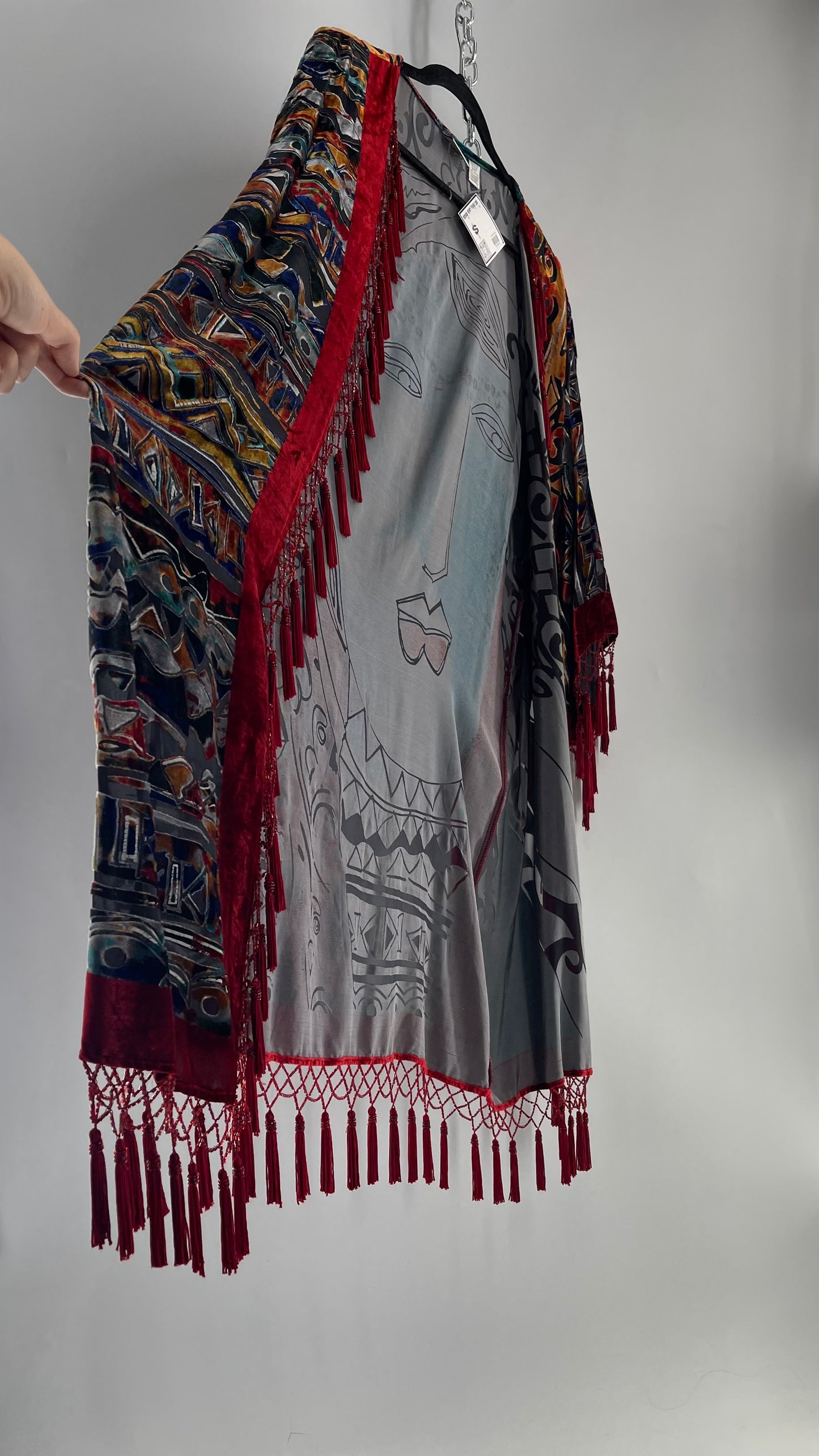 Vintage Burnout Buddhist Motif Velvet/Velour Beaded Fringe Duster Coat/Kimono with Tassel Sleeves and Hems (M/L)