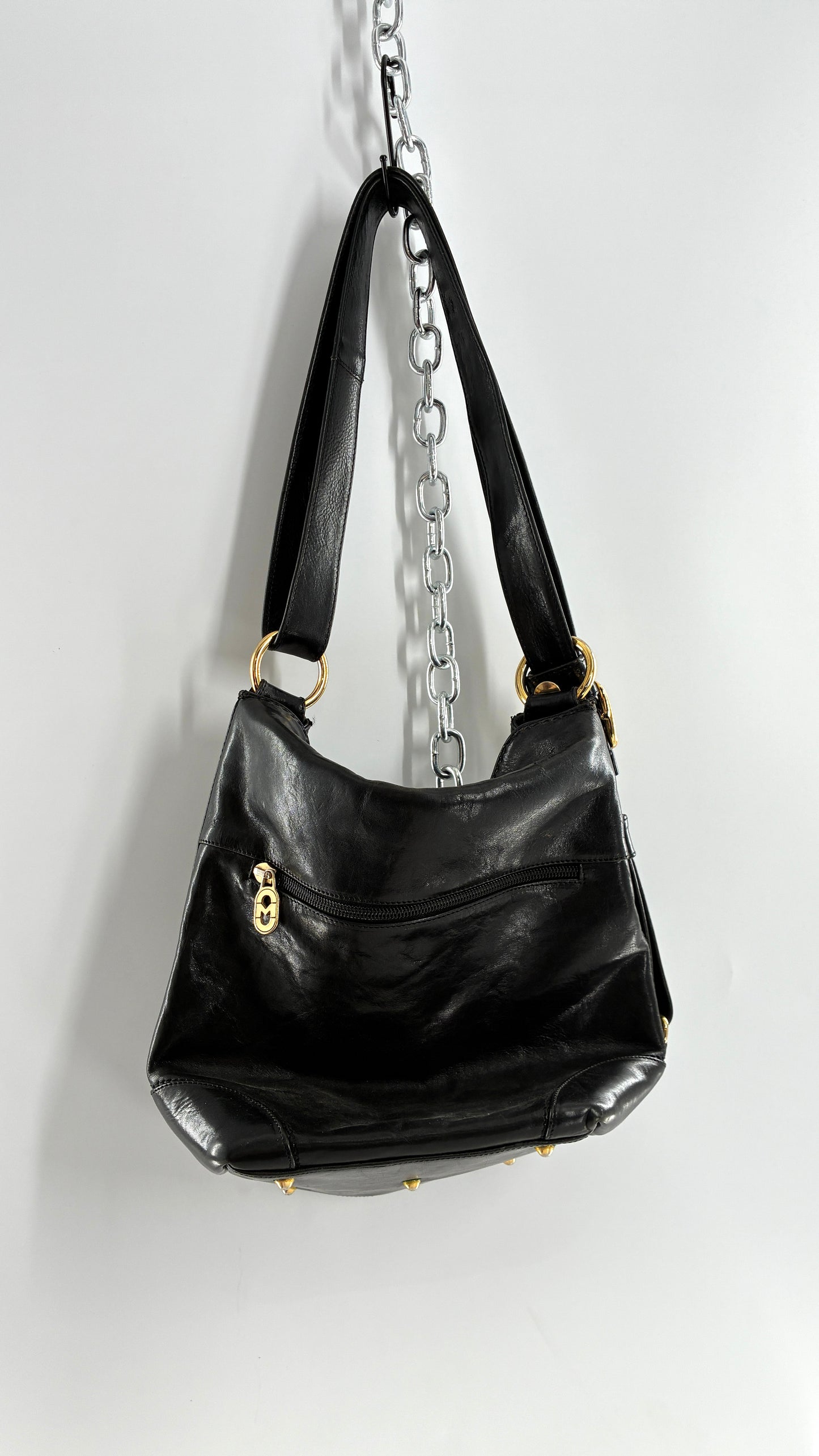 Vintage MARINO ORLANDI Black Leather Purse Made in Italy with Gold Embossed Hardware