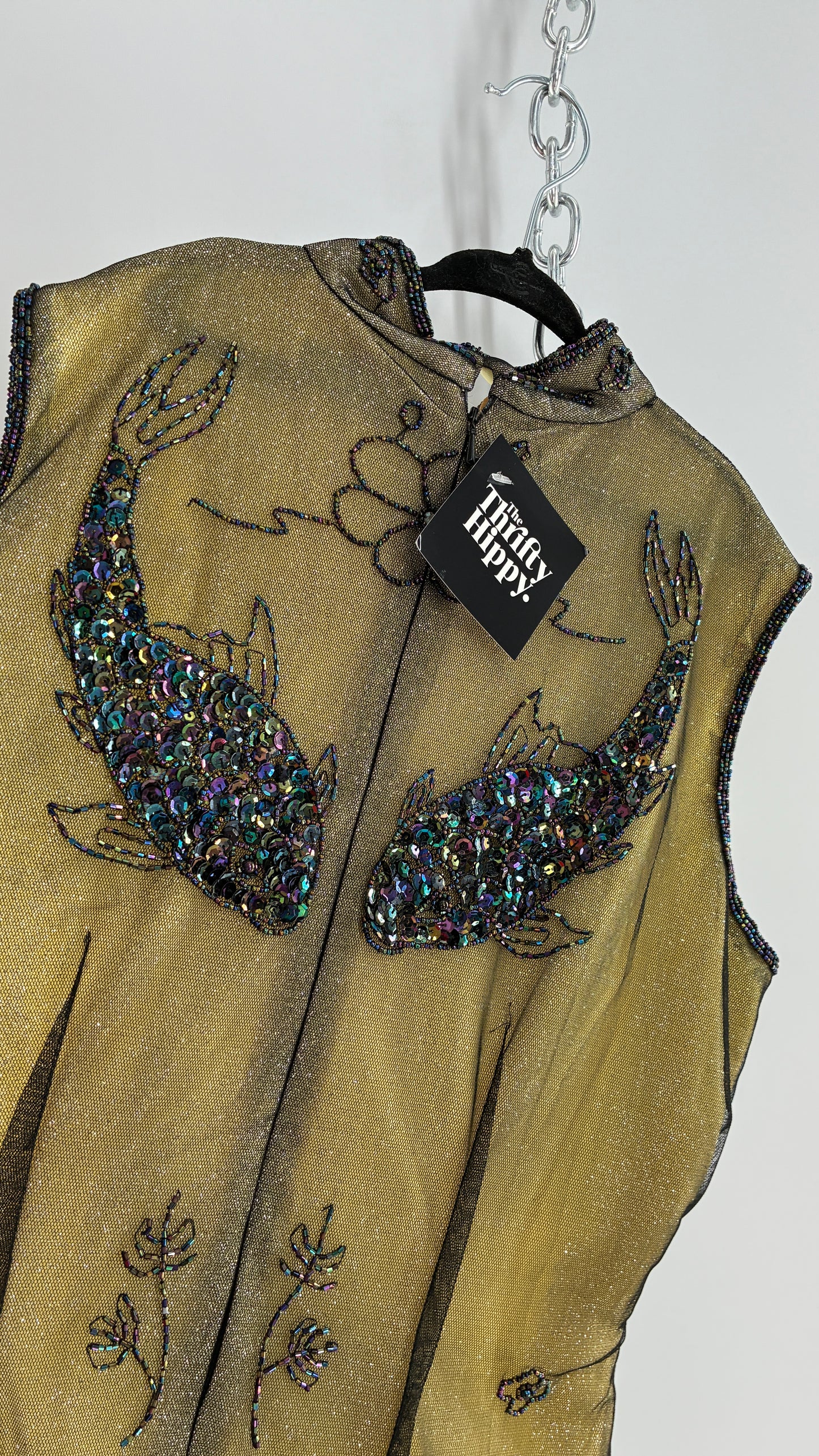 Vintage 1990s One of a Kind Handmade, Green Gown with Beaded Koi Fish, Metallic Tulle Overlay, and Symmetric Back (Medium)