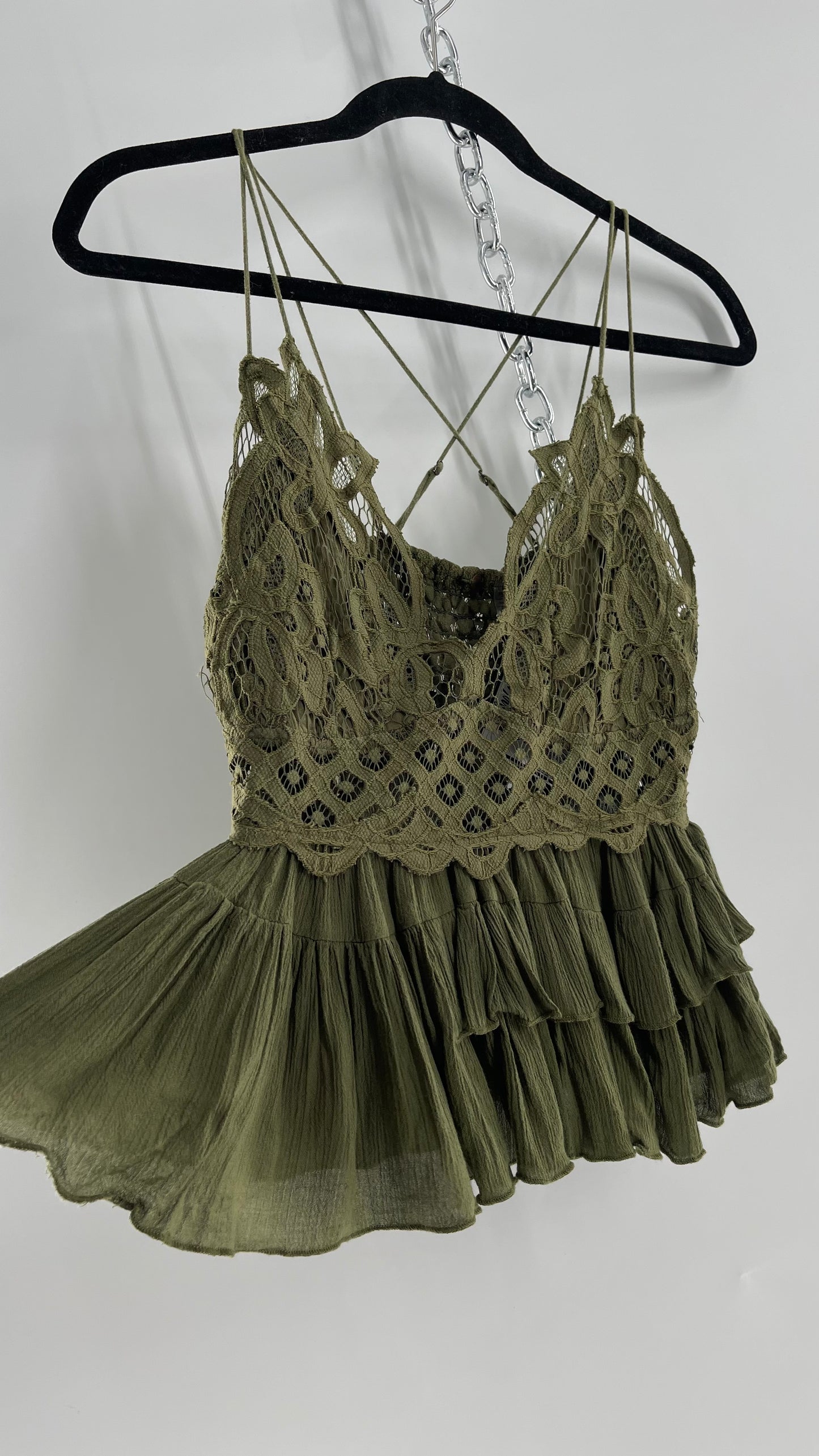 Free People Army Green Lace Bralette Top with Ruffled Hem (Large)