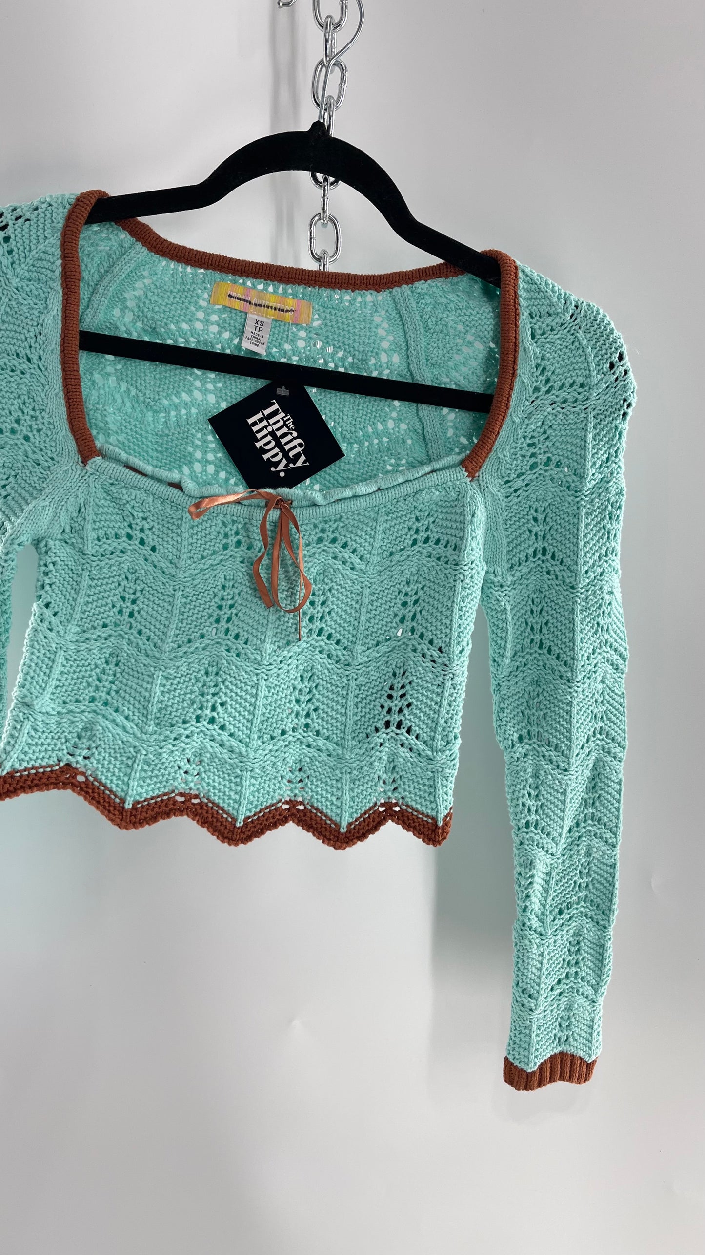 Urban Outfitters Baby Blue Cropped Knit Top with Brown Piping and Ribbon Neckline (XS)