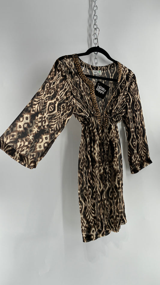 Deadstock Vintage BALI CLUB Animal Print Sheer Mini Dress Blouse with Underbust Cinching and Bronze Studs (Small)