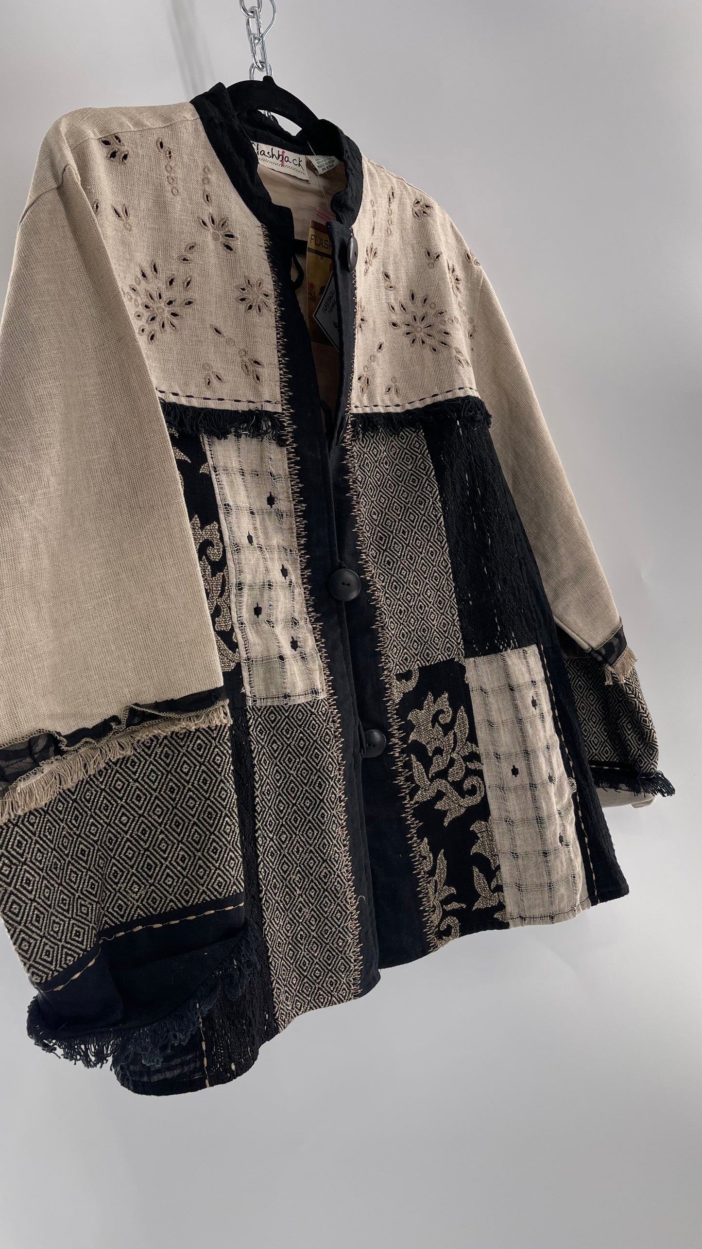 Deadstock Vintage Flashback Patchwork Coat with Mixed Neutral Fabrics, Embroidery and Fringe Details (Large)