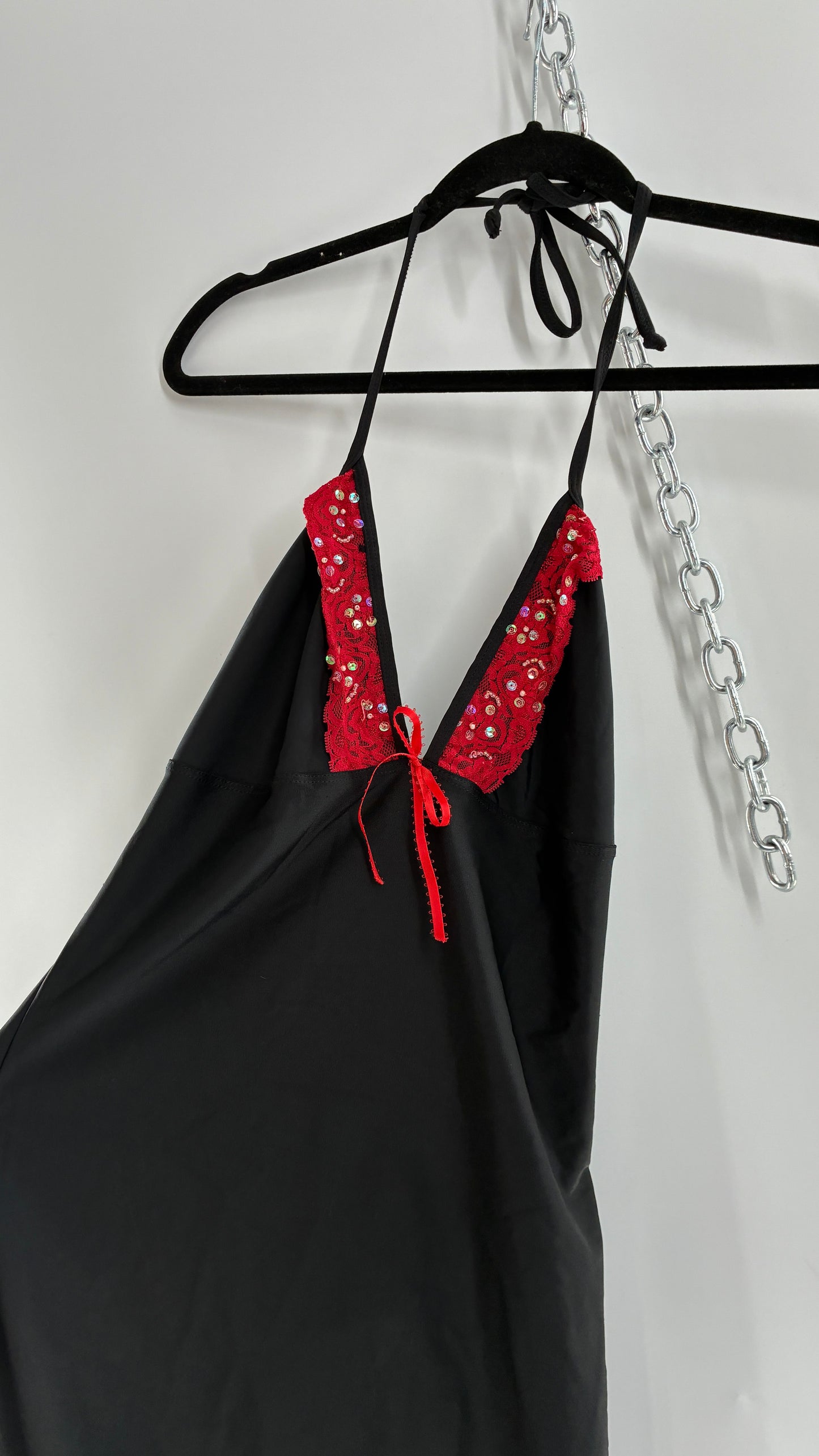 Vintage PROMISCUOUS Black Camisole Slip with Red Ruffled Sequin Lace and Scalloped Bum (XL)
