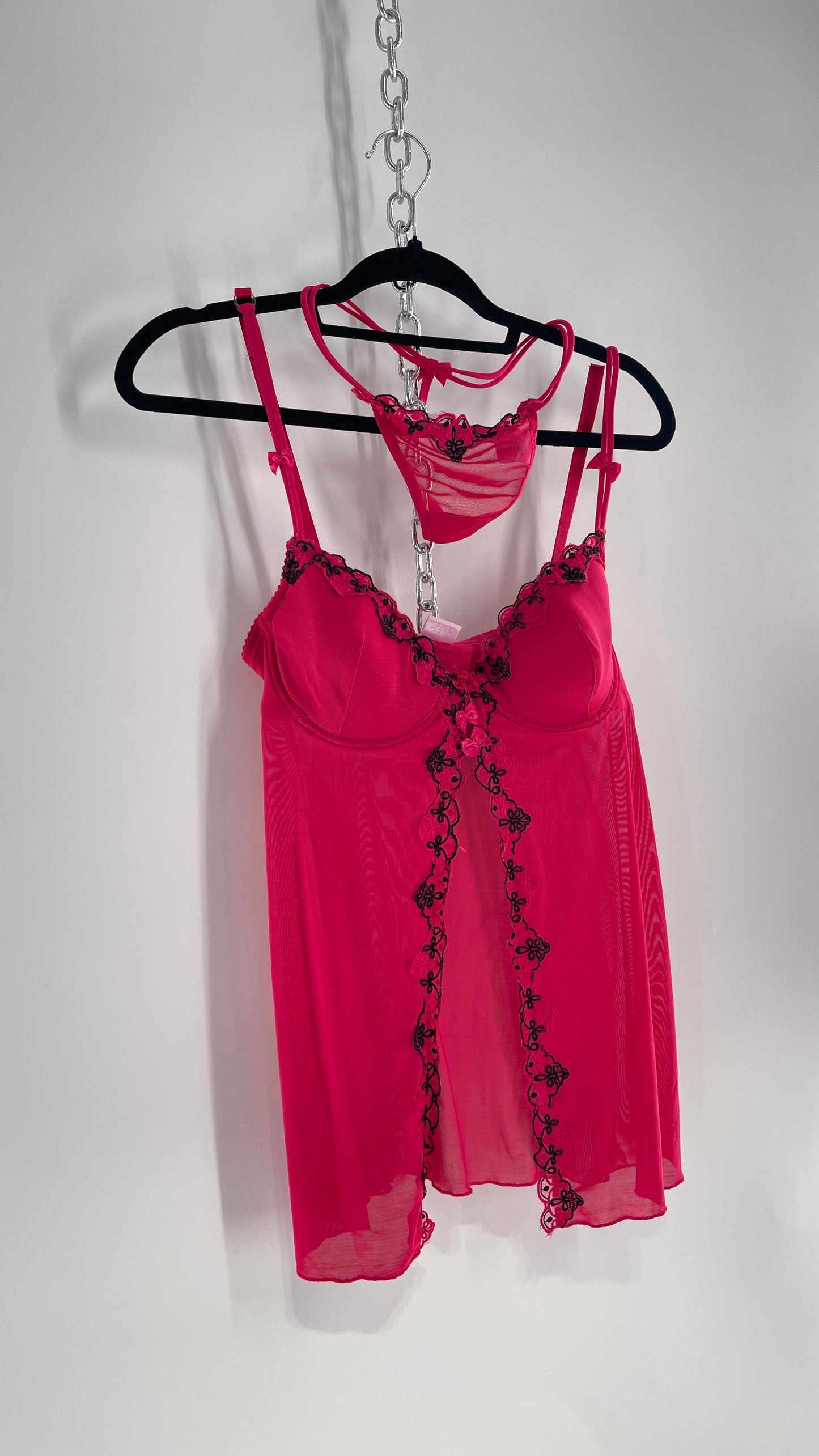 Vintage HOT Hot Pink Vented Babydoll Top and Thong Set with Black Embroidery and Bows (Medium)
