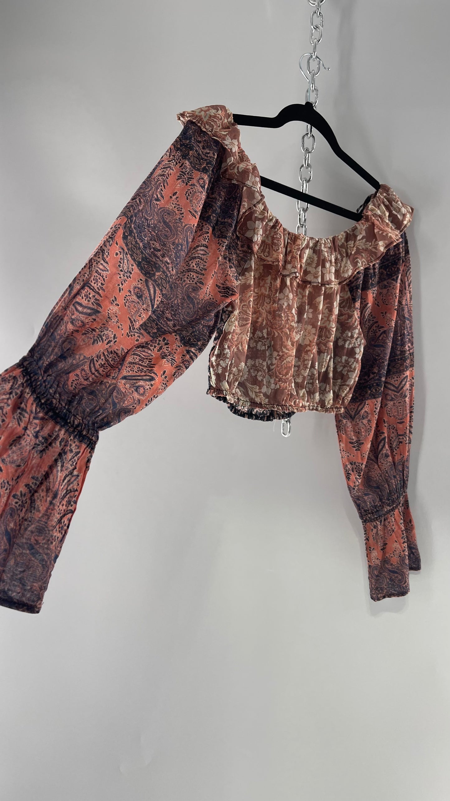 Free People Cotton Pink Blue Mixed Paisley Patterned Cropped Blouse with Bell Sleeves, Button Front and Ruffled Neckline with Bow Tie Detail (XS)