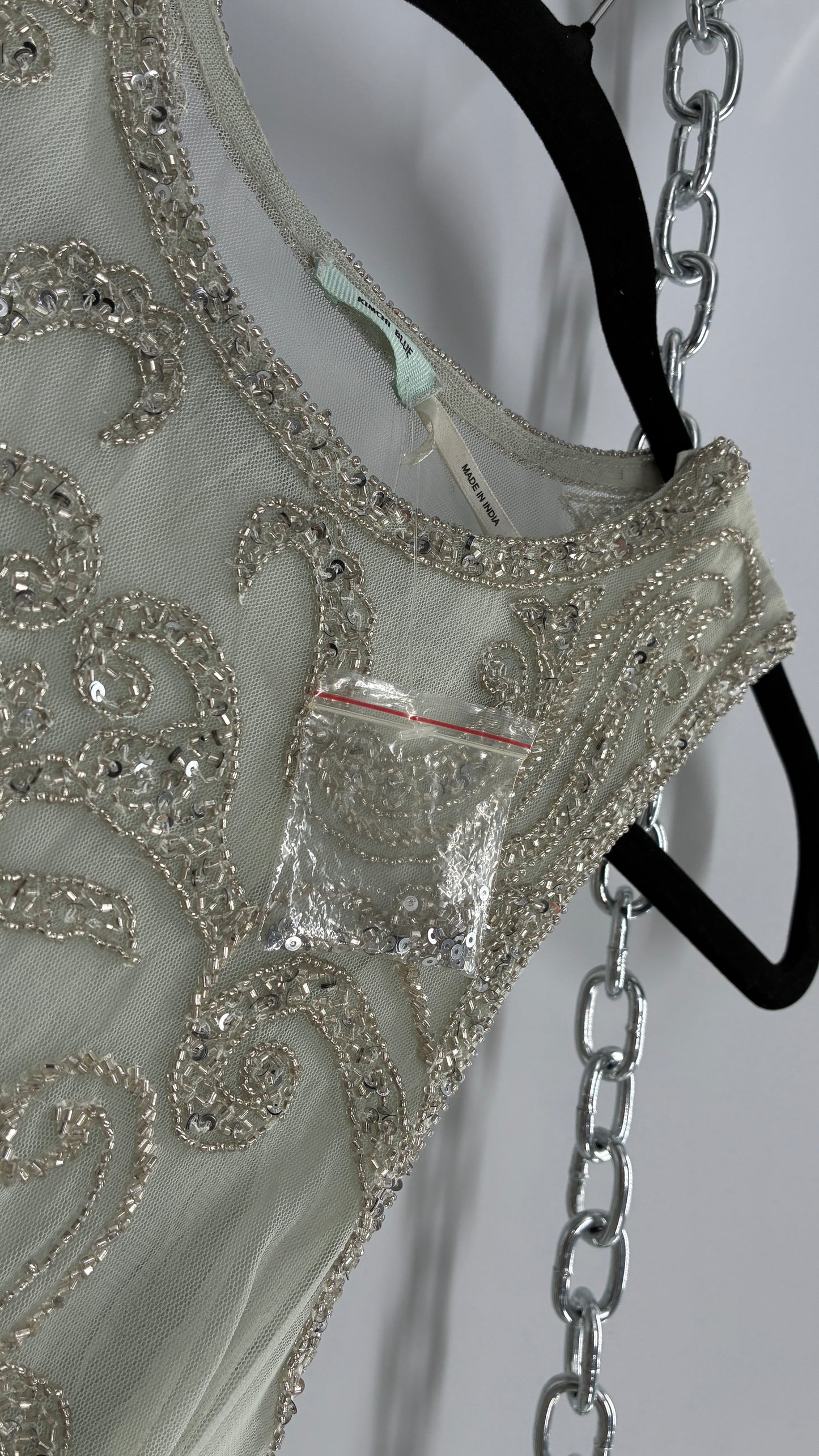 KIMCHI BLUE Light Greyish Seafoam Green Crimped Gown with Beaded Bodice and Sheer Back (2)