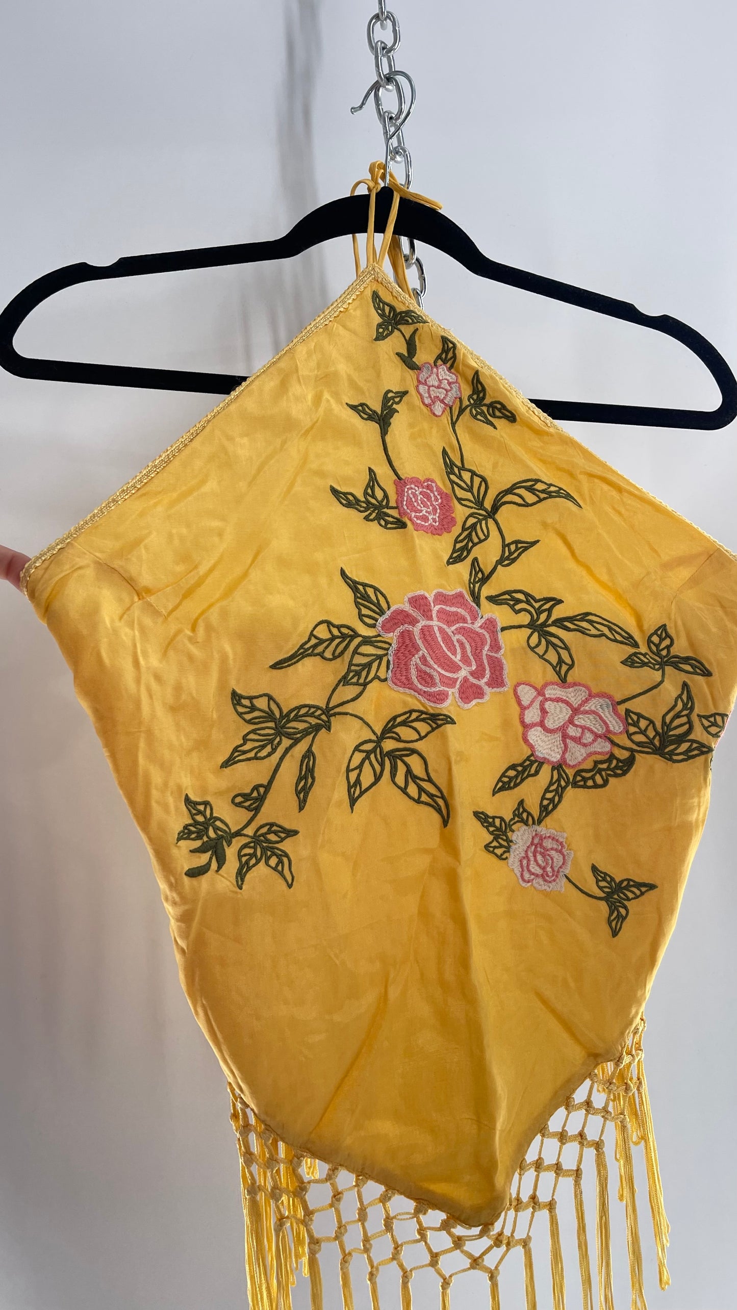 Urban Outfitters Yellow Halter with Embroidered Roses and Fringe Hemline (Medium)