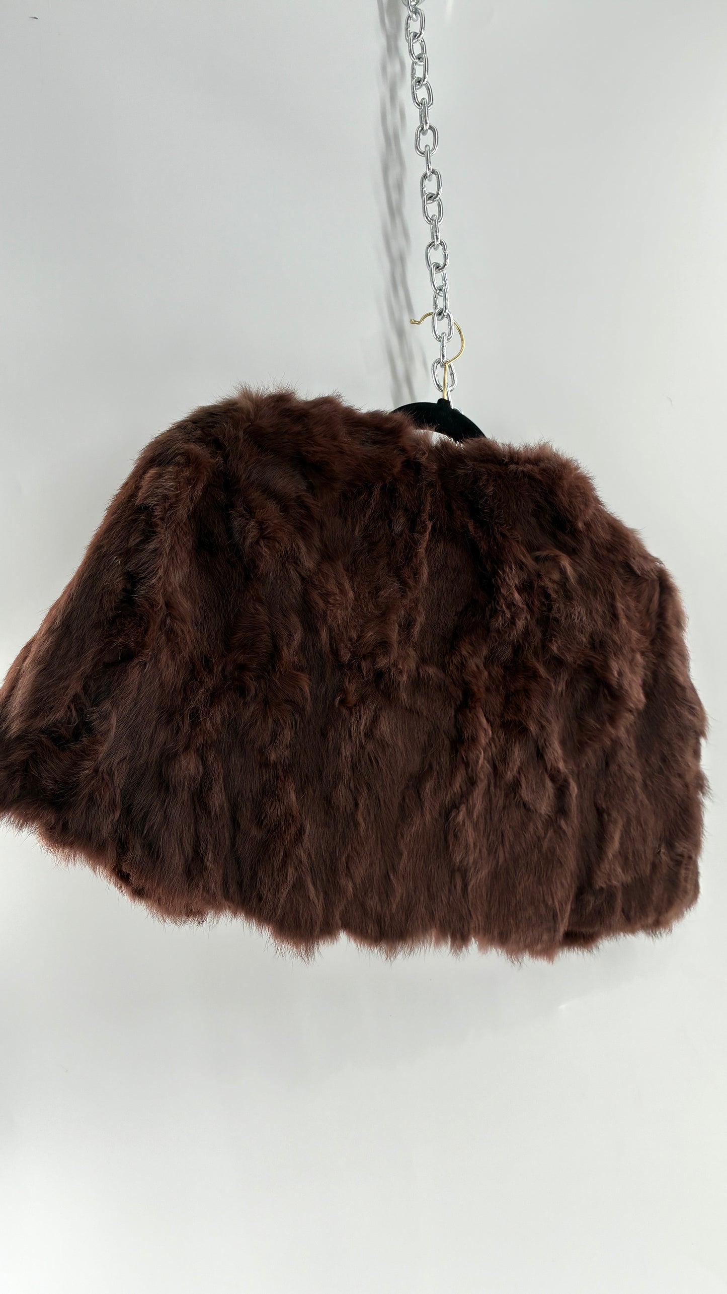 Vintage CAROLINE 100% Rabbit Fur Brown Shrug Cape with Oversized Round Buckle (One Size)