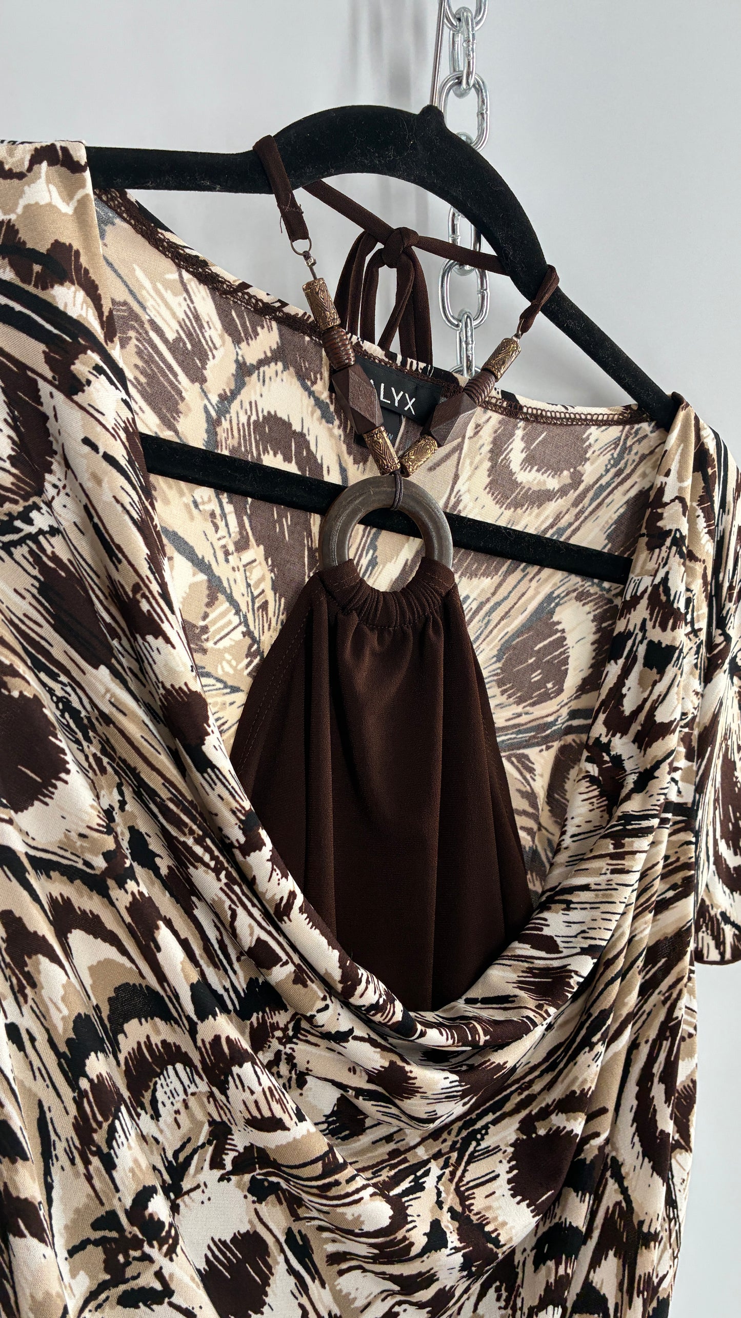 Vintage ALYX Brown Drape Front Top with Beaded Halter Peek Through Detail (Large)