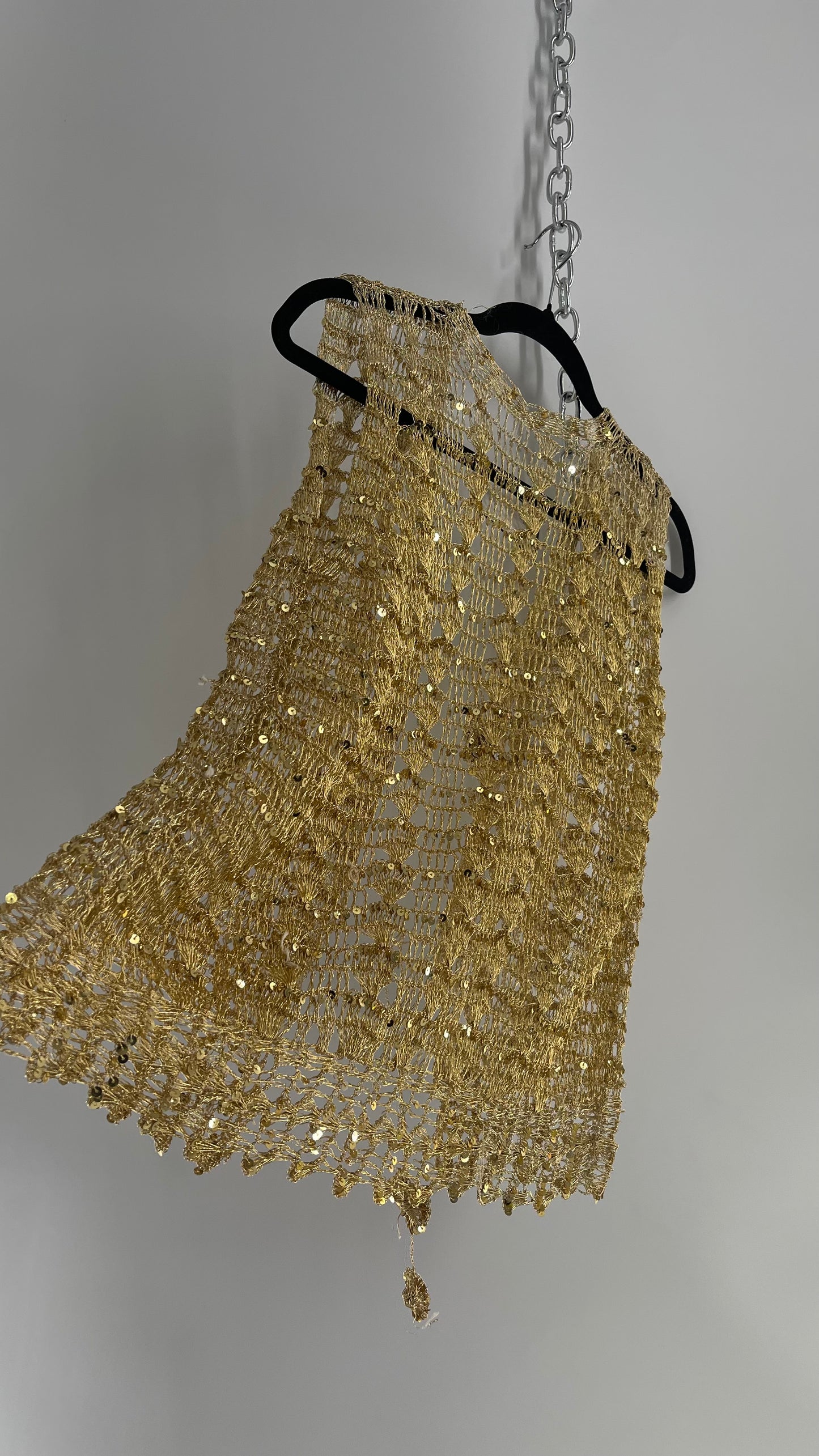 Vintage Gold Crochet Sequin Tie Bust Vest (S/M)