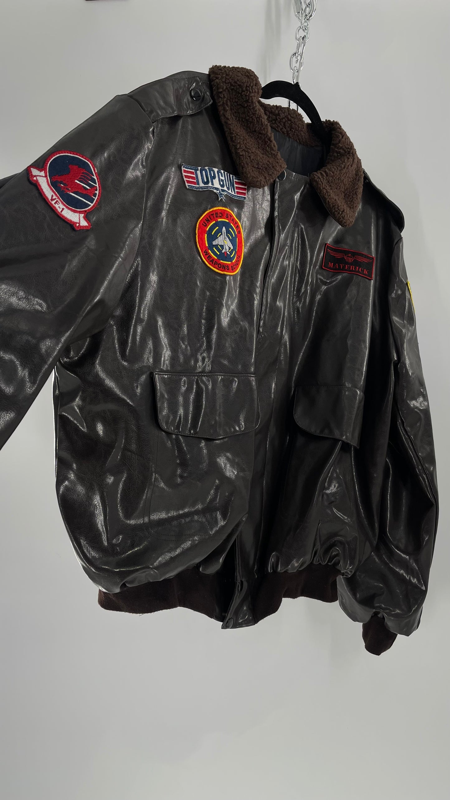 Vintage Dark Brown Top Gun Bomber Jacket with Patches and Teddy Sherpa Collar (Large)