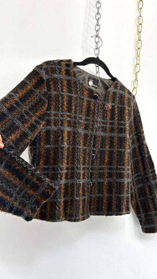 Vintage FIRST OPTION Plaid Knit Cardigan Jacket with Jewel Broche (Small)