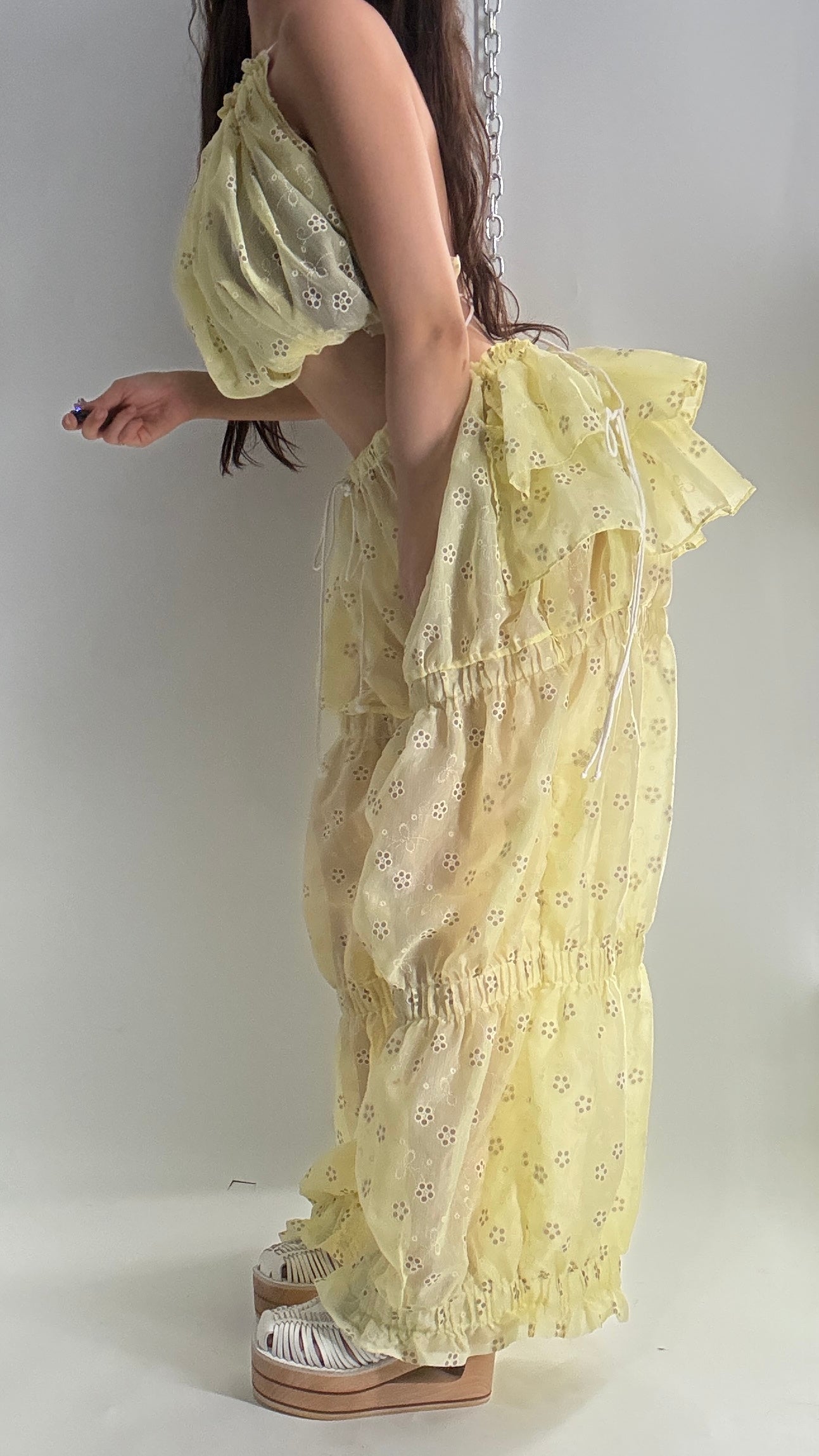 Vintage Handmade 2pc Baby Yellow Set with Tiered Pants, Ruffled Bum, and Floral Eyelet Pattern (XS-M)