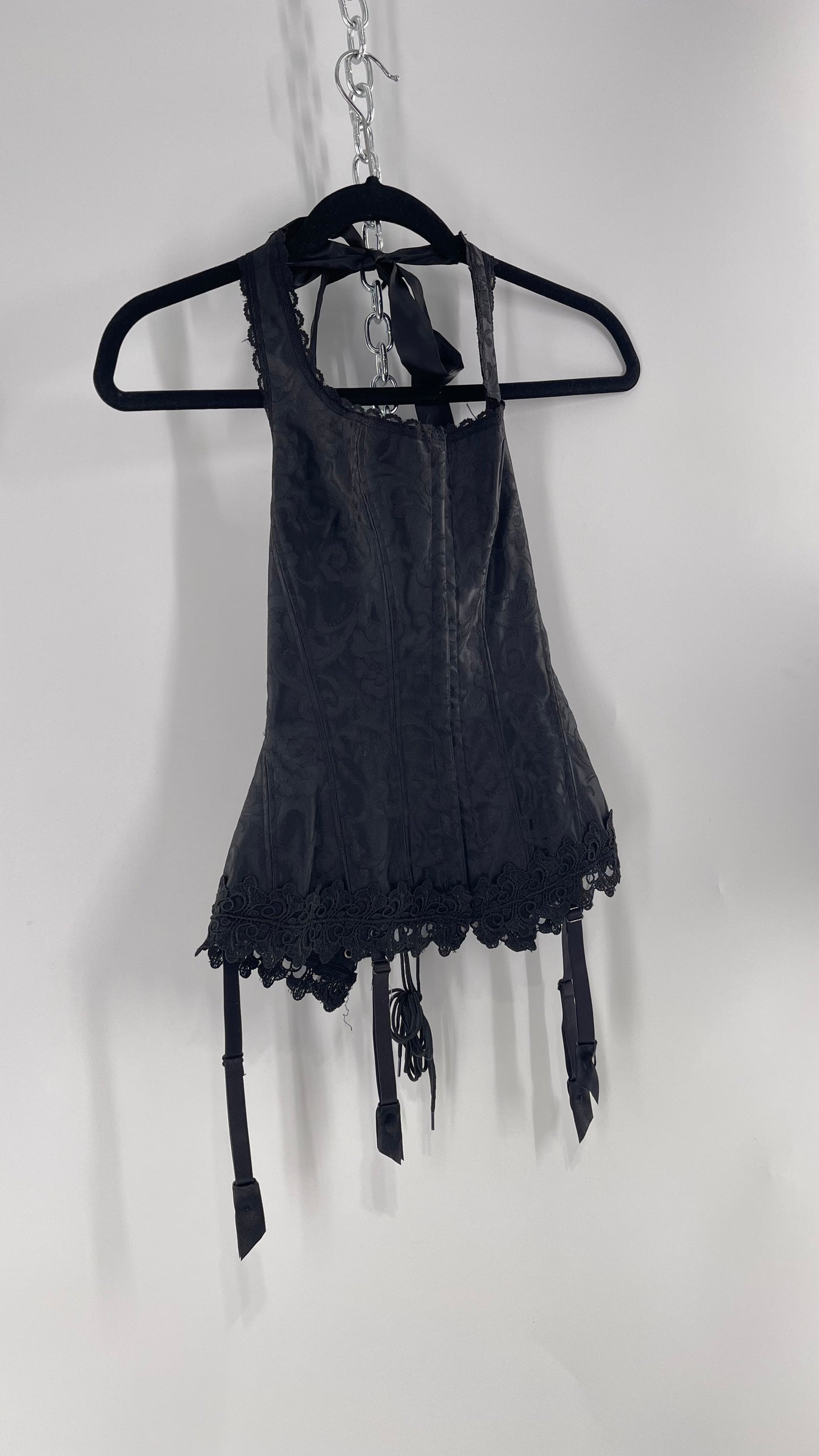Vintage Fredericks of Hollywood Black Satin Brocade Lace Corset with Lace Tie Halter (32)