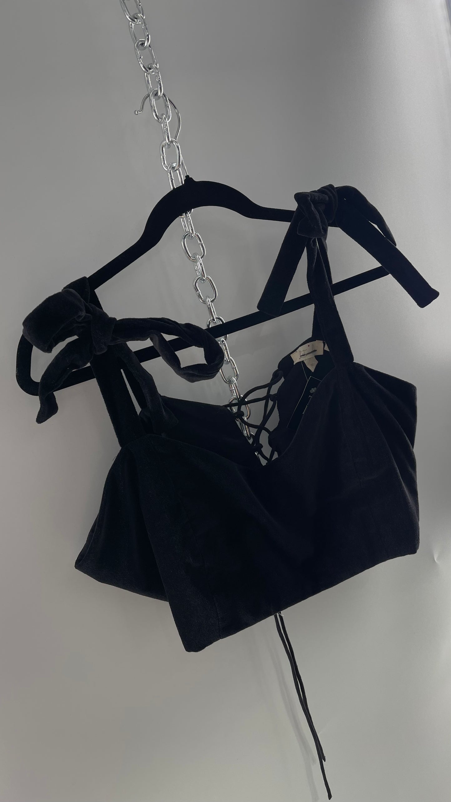 Letmebe Anthropologie Black Velvet Cropped Tank with Delicate, Romantic Tie Shoulders and Lace Up Back (XL)