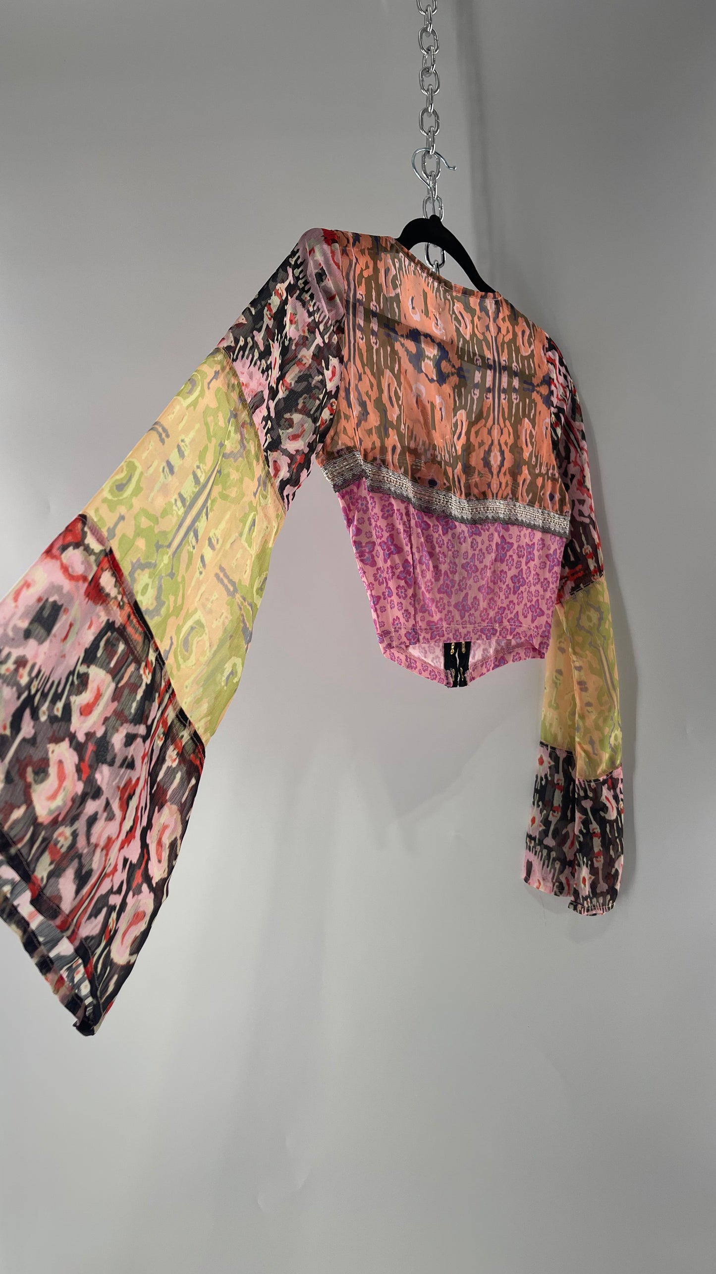 Free People Walk that Walk Mixed Pattern Sheer Bell Sleeve Colorful Crop (XS)