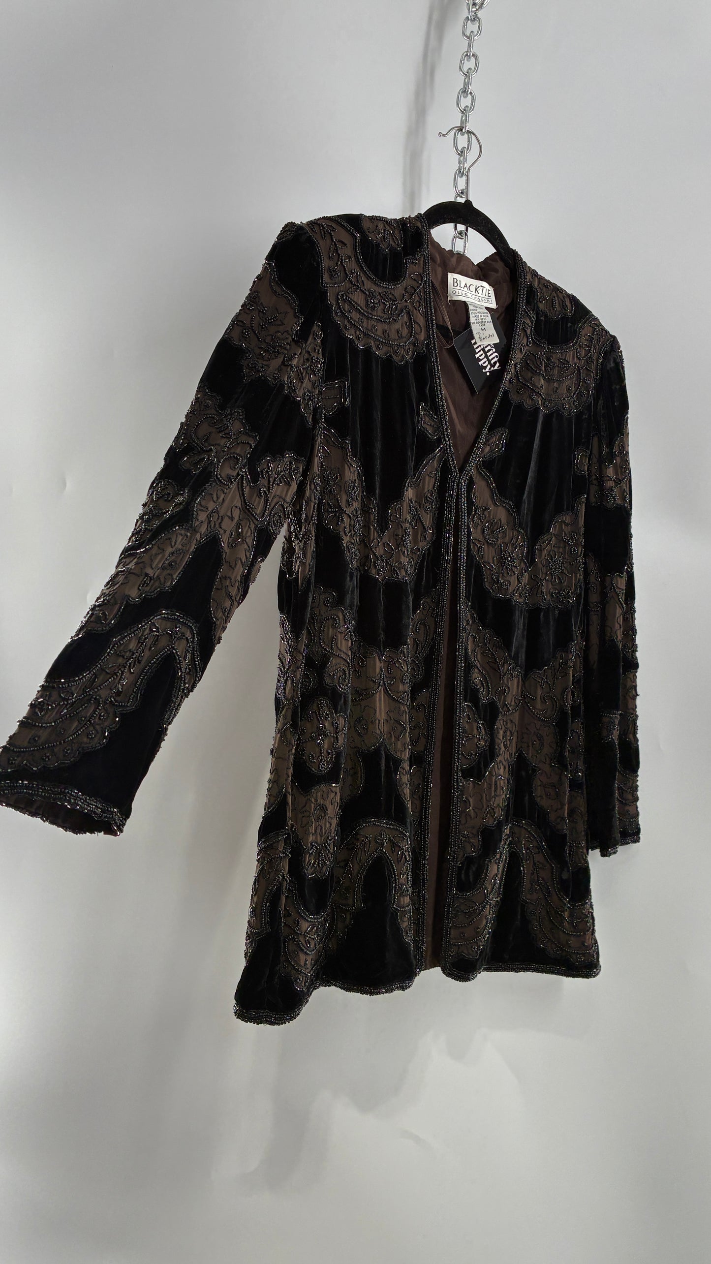 Vintage OLEG CASINI 100% Silk Velour Heavily Beaded Coat (Medium)