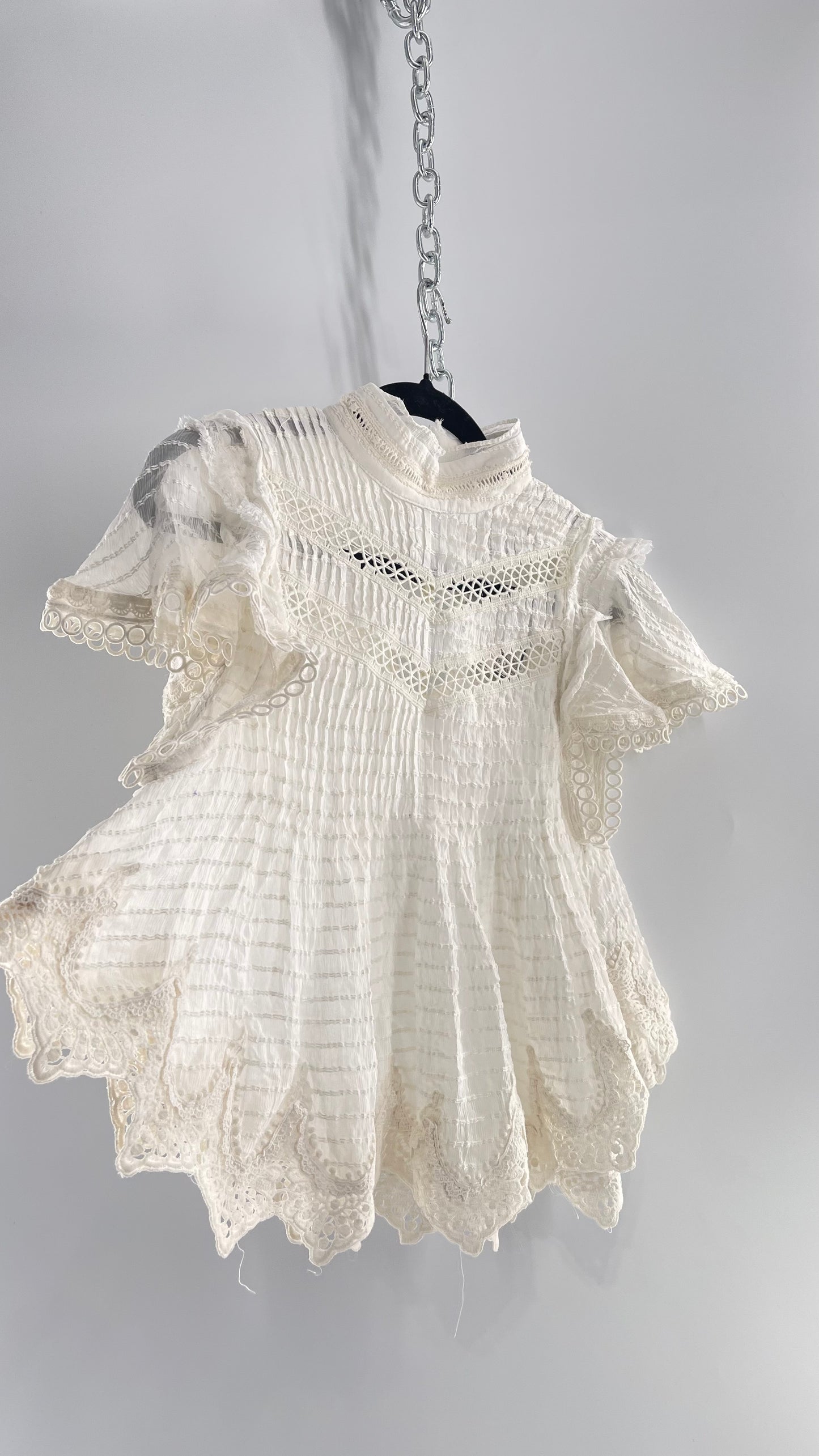 Kimchi Blue White 68% Viscose 32% Cotton Romantic Blouse with High Neck, Textured Body, and Scalloped Lace Hem and Sleeves (Small)