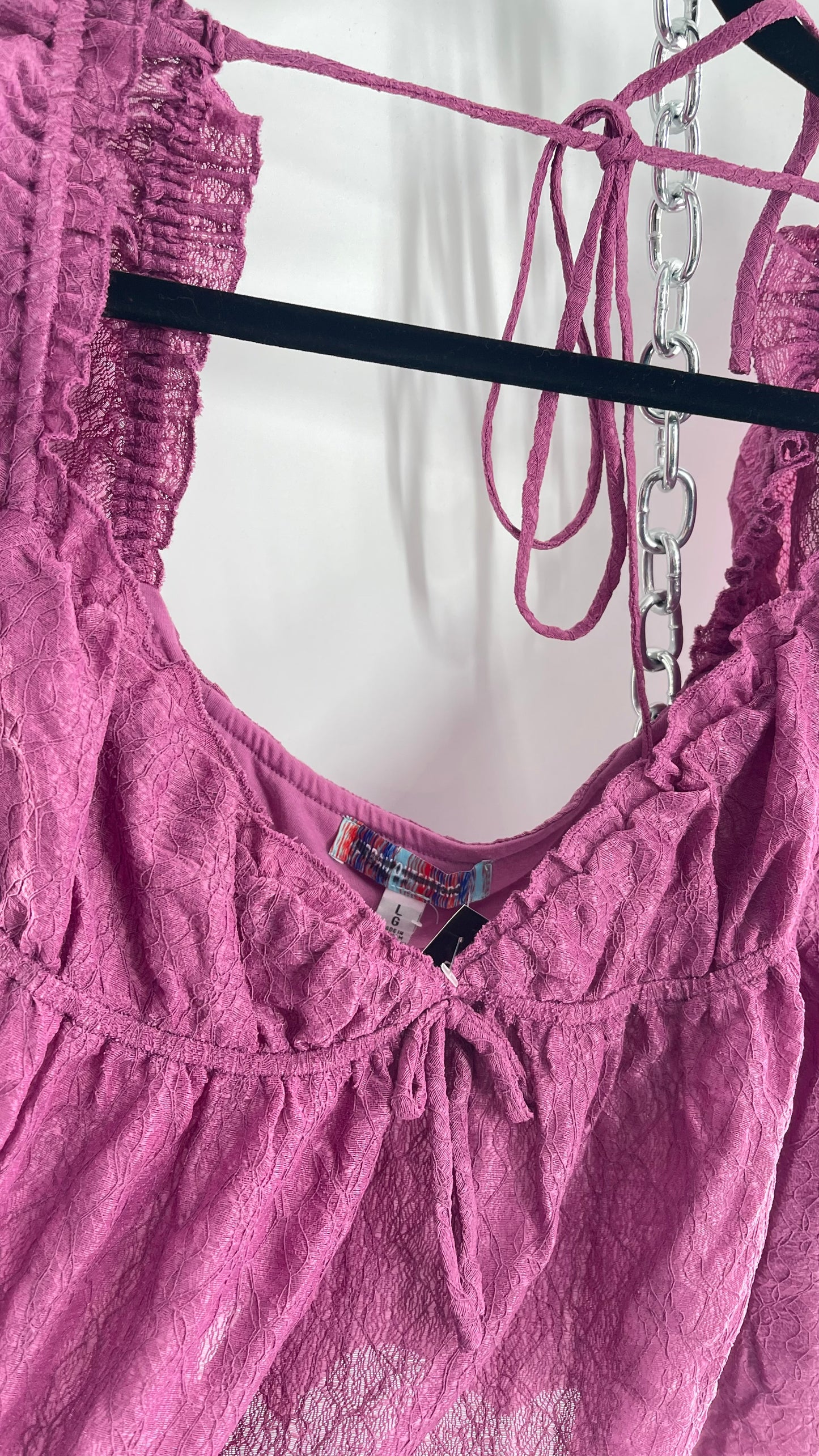Urban Outfitters Purple Lace Blouse with Handkerchief Slit Hem, Princess Fairy Sleeves, Ruffle Trim Bust and Low Back (Large)