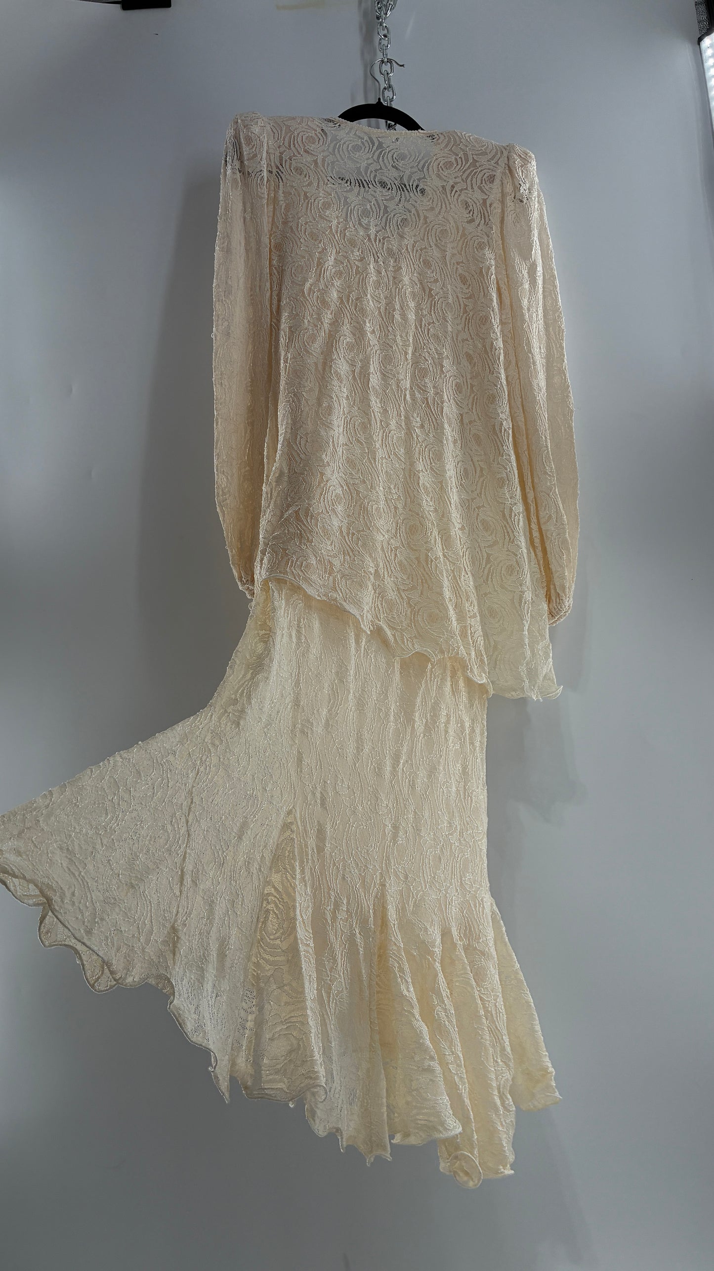 Vintage SARA MIQUE New York Off White Maxi Dress and Balloon Sleeve Cardigan Set (M)