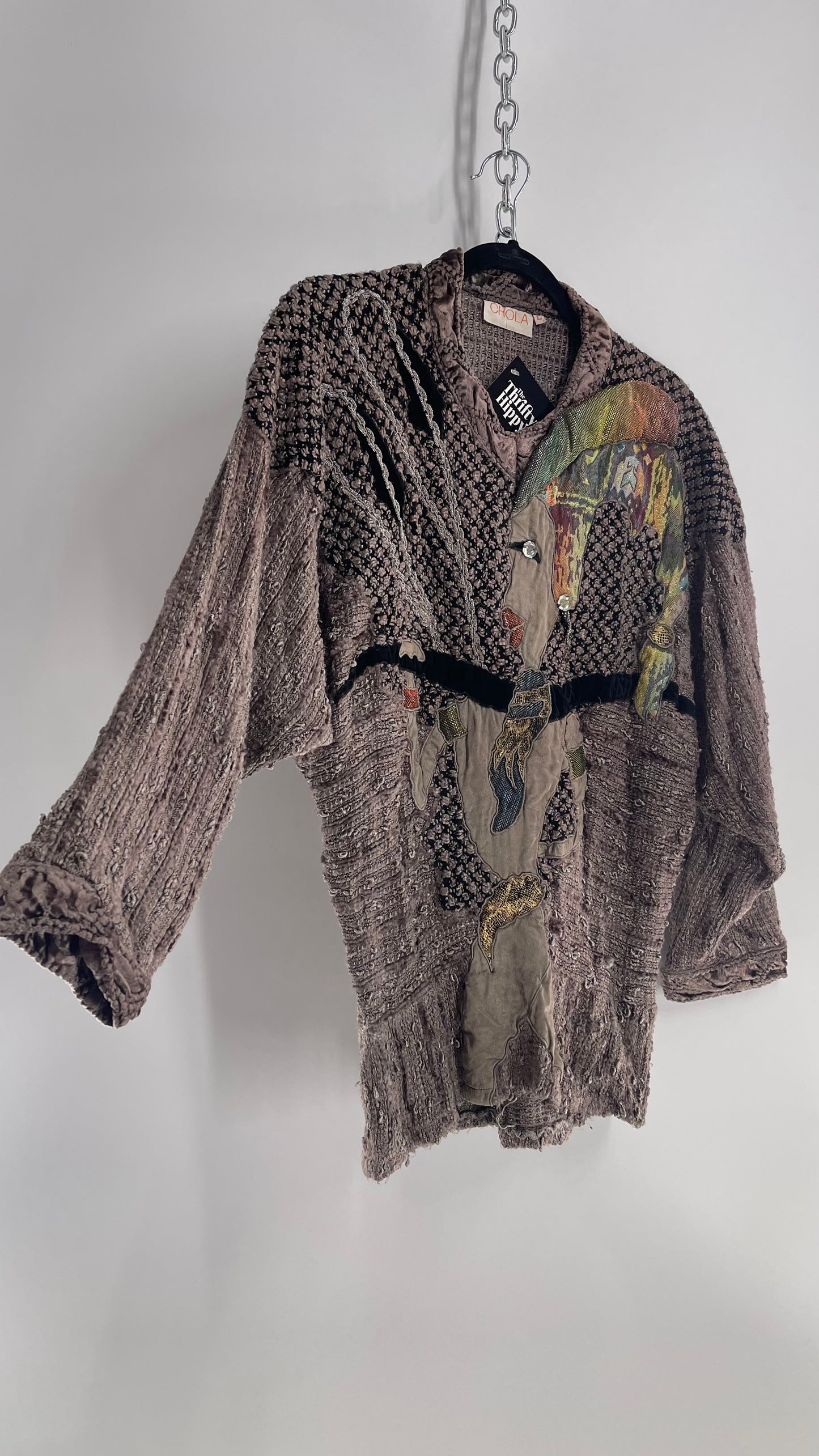 Vintage CHOLA Grey 1980s Patchwork Sweater (Large)
