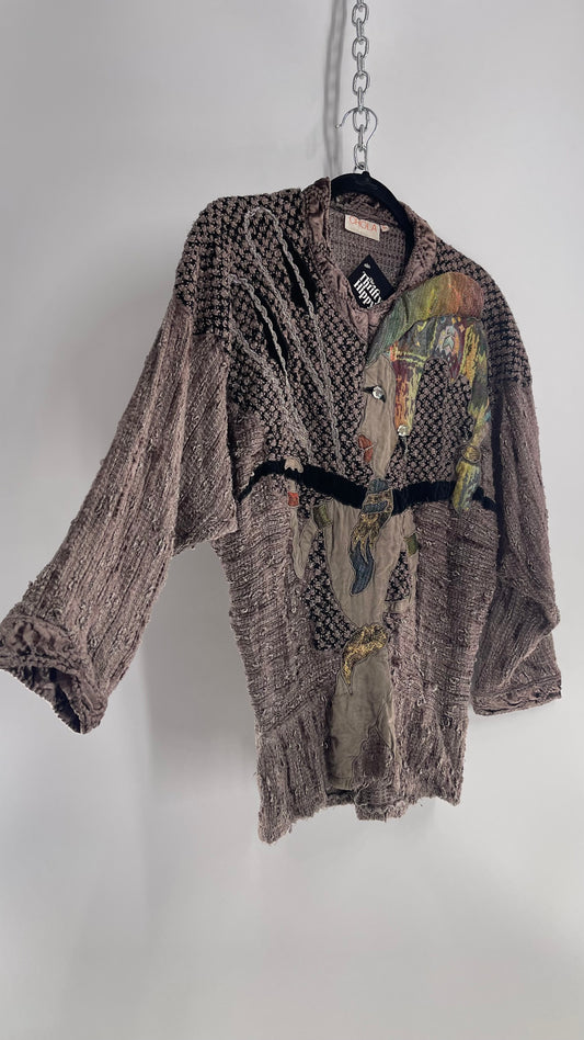 Vintage CHOLA  Grey 1980s Patchwork Sweater (Large)