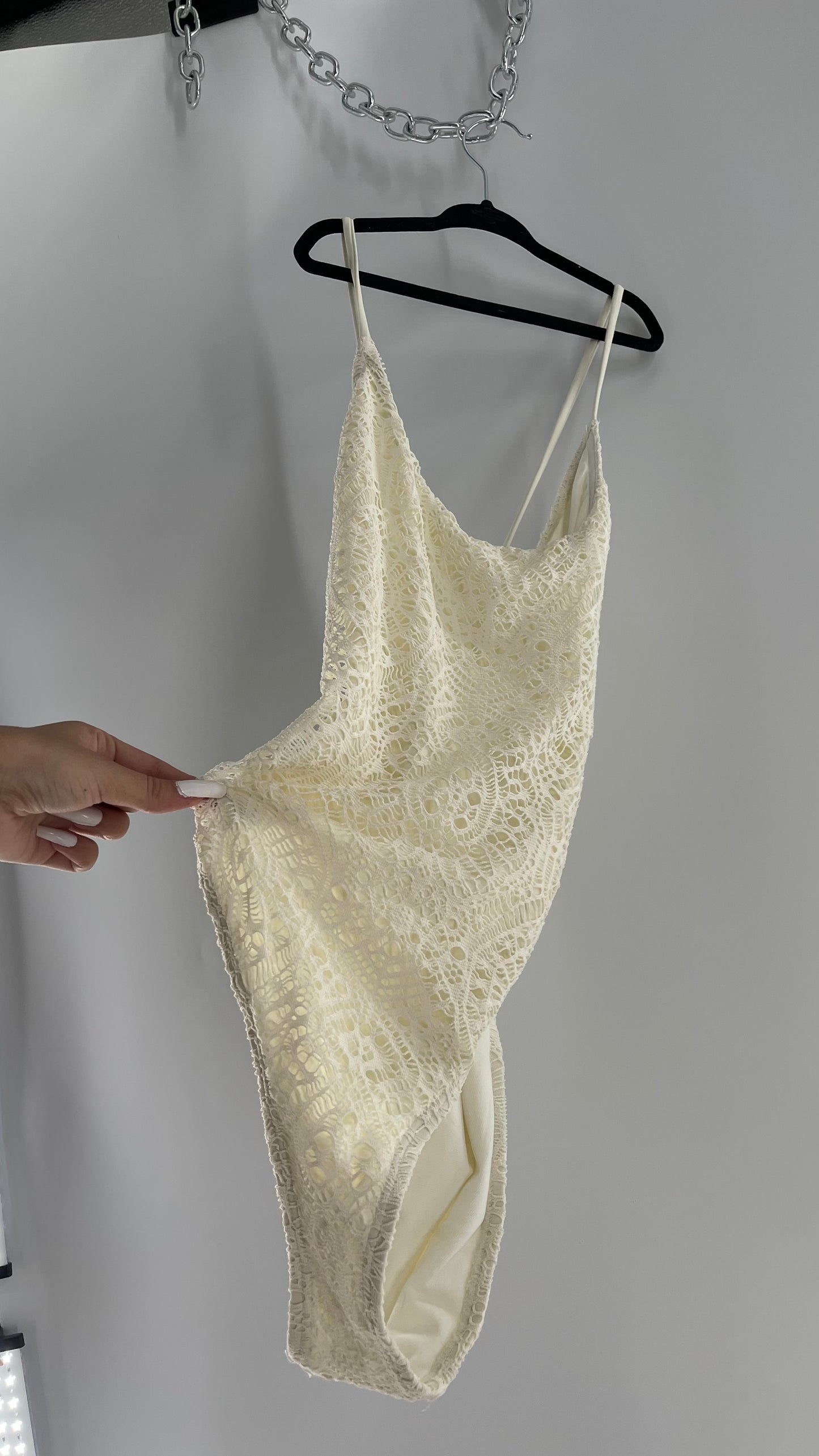 Urban Outfitters White Lace/Crochet Swimsuit with Lace Up Open Back (Medium)