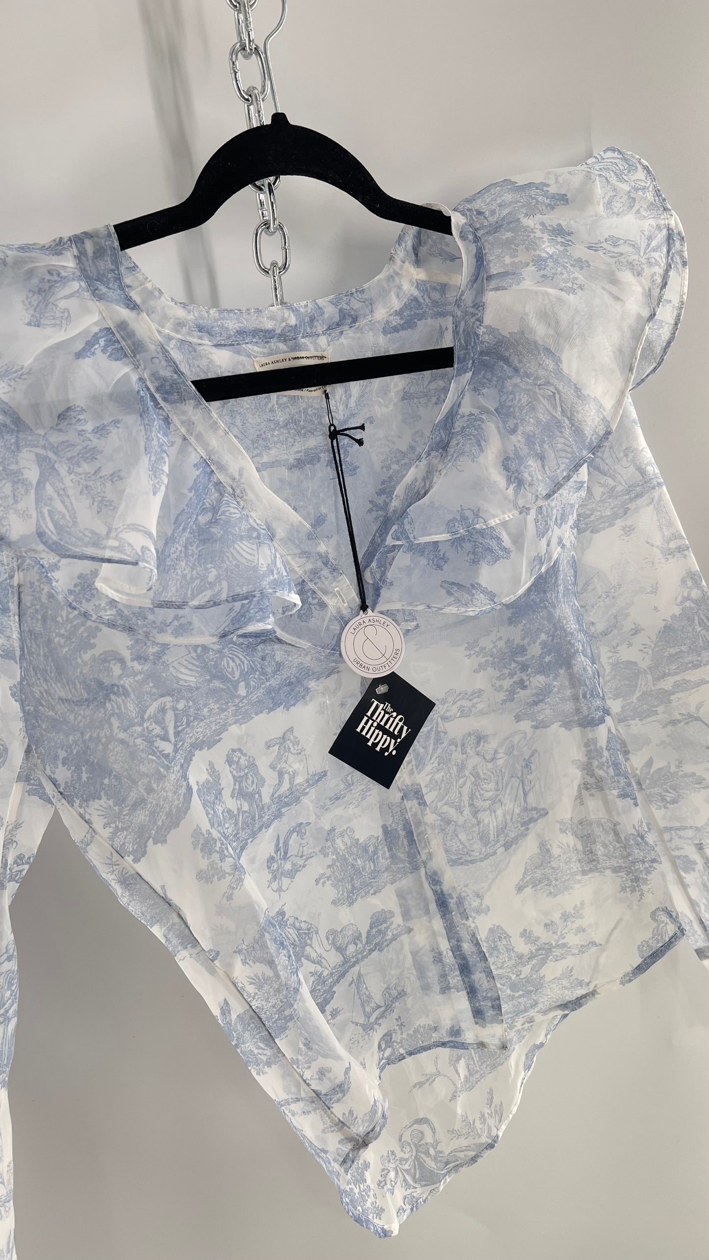 Laura Ashley Urban Outfitters Voile Sheer Ruffled Shoulder Button Up with Blue Vintage Print (XS)