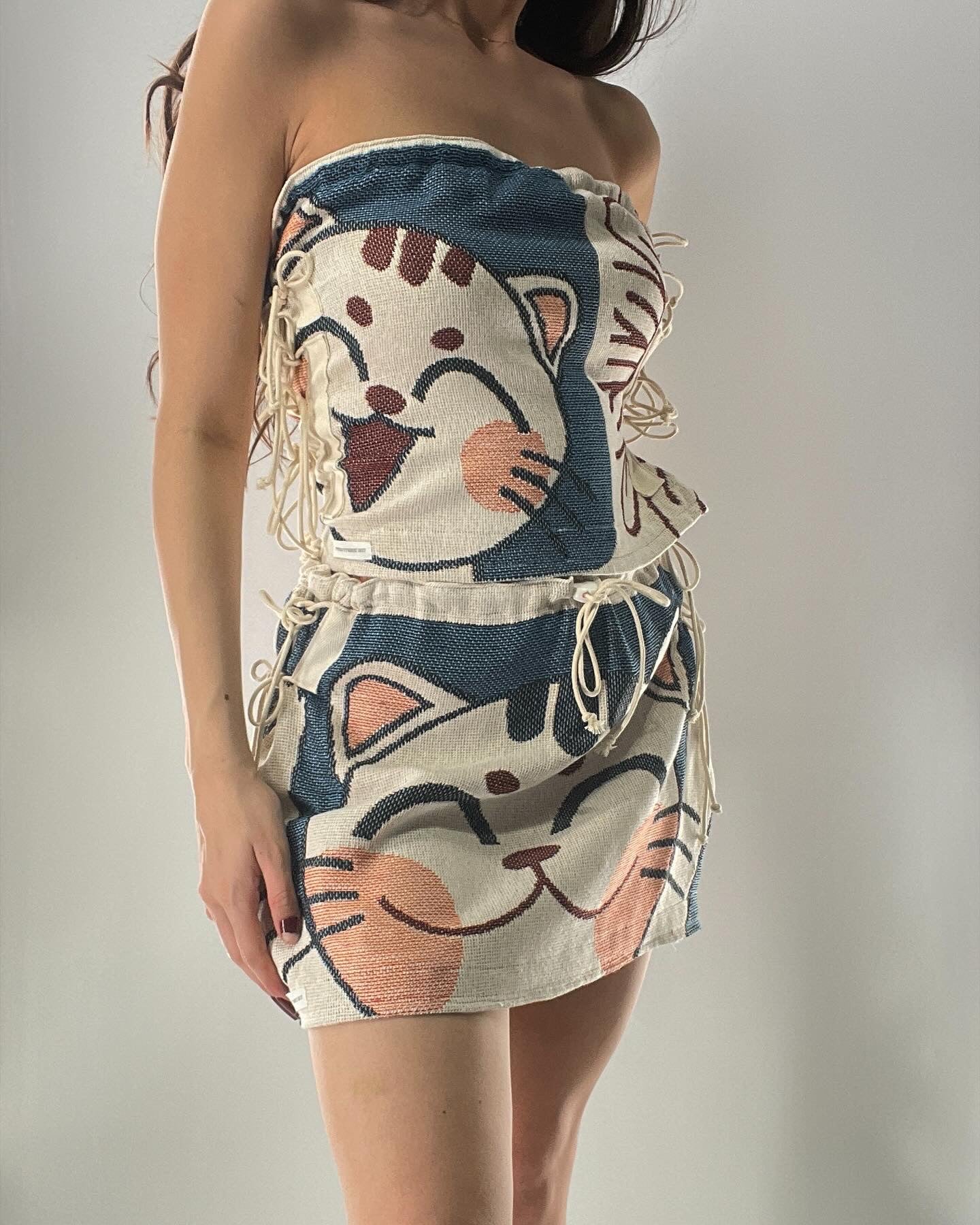 Vintage Tapestry Kitty 2pc Set with Adjustable Corseted Top and Adjustable Corseted Micro Skirt (S-L)