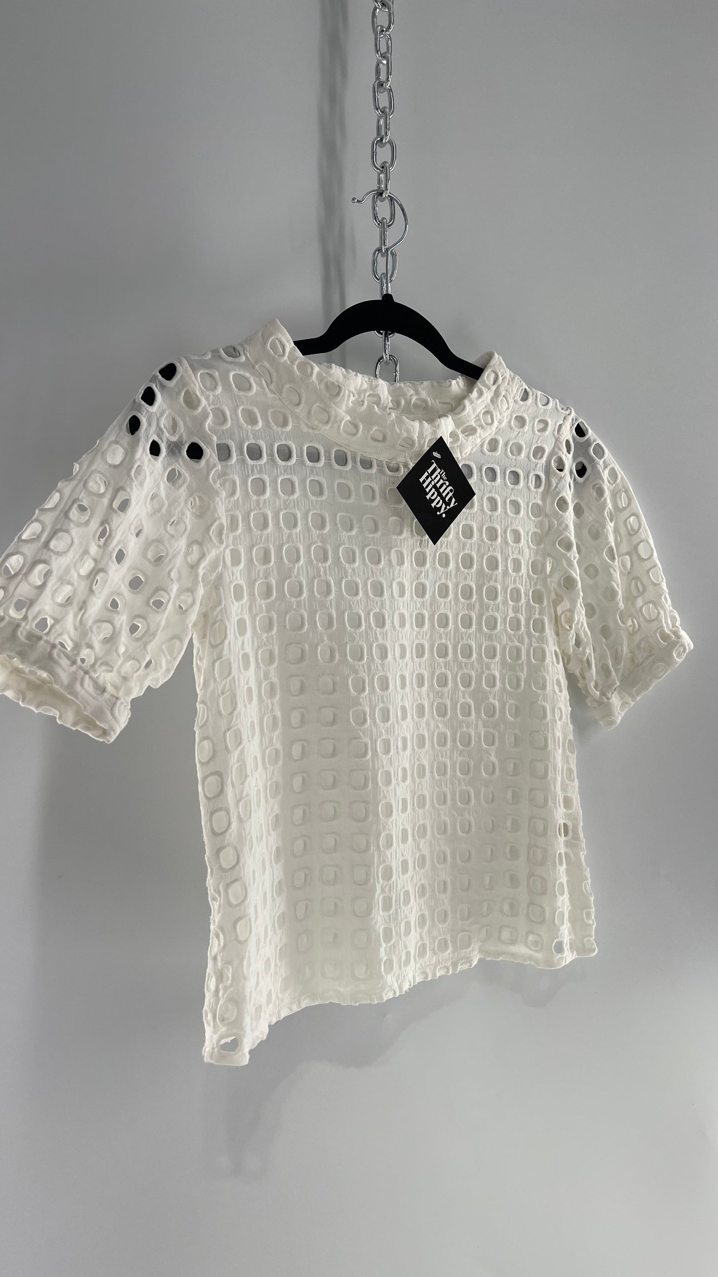 Anthropologie Wolven White Puff Sleeve Open Square Embroidery Layered Blouse (4)