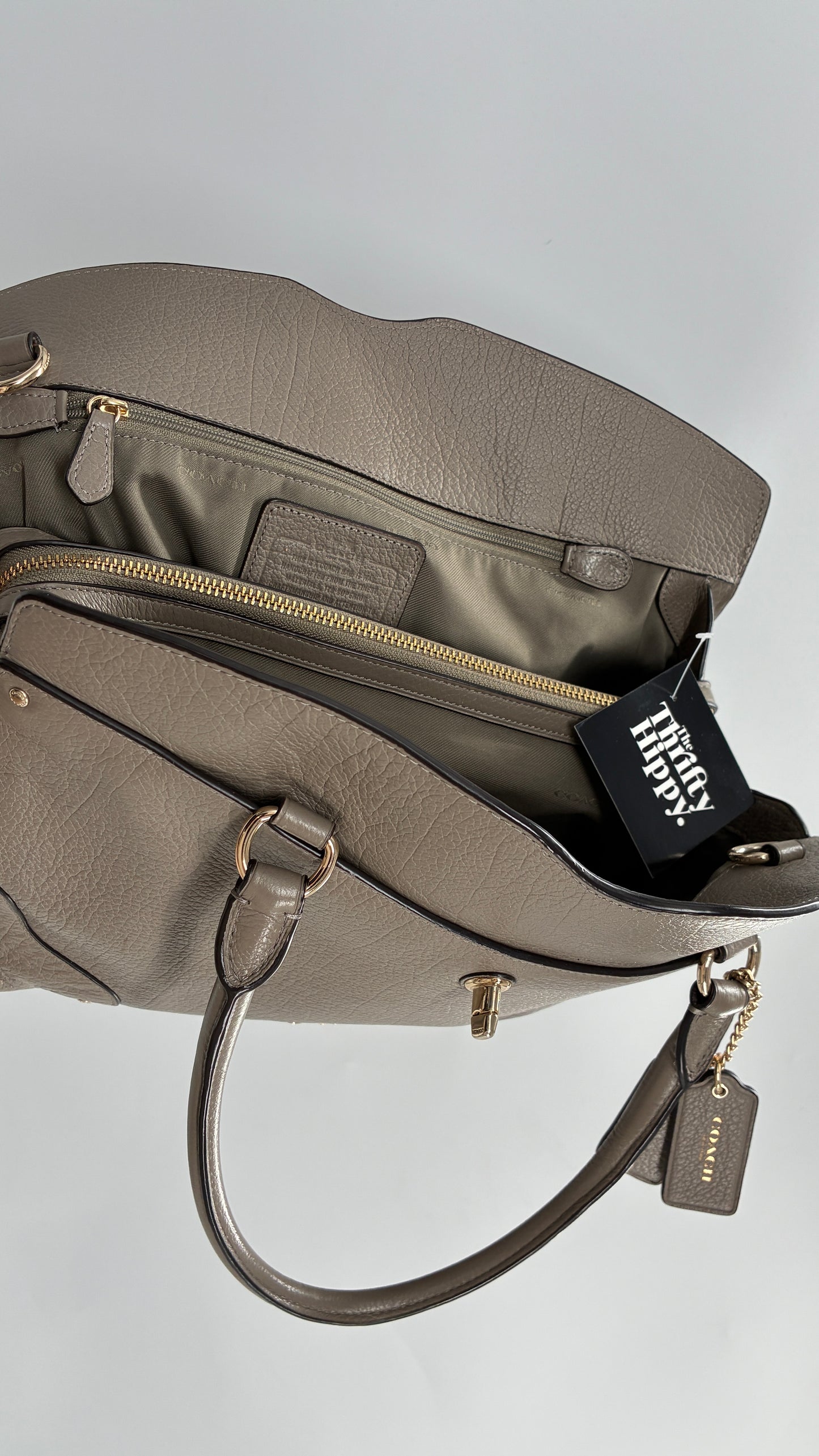 COACH Mercer Satchel 30in Grain Taupe Leather Bag with Multiple Sections and Pockets