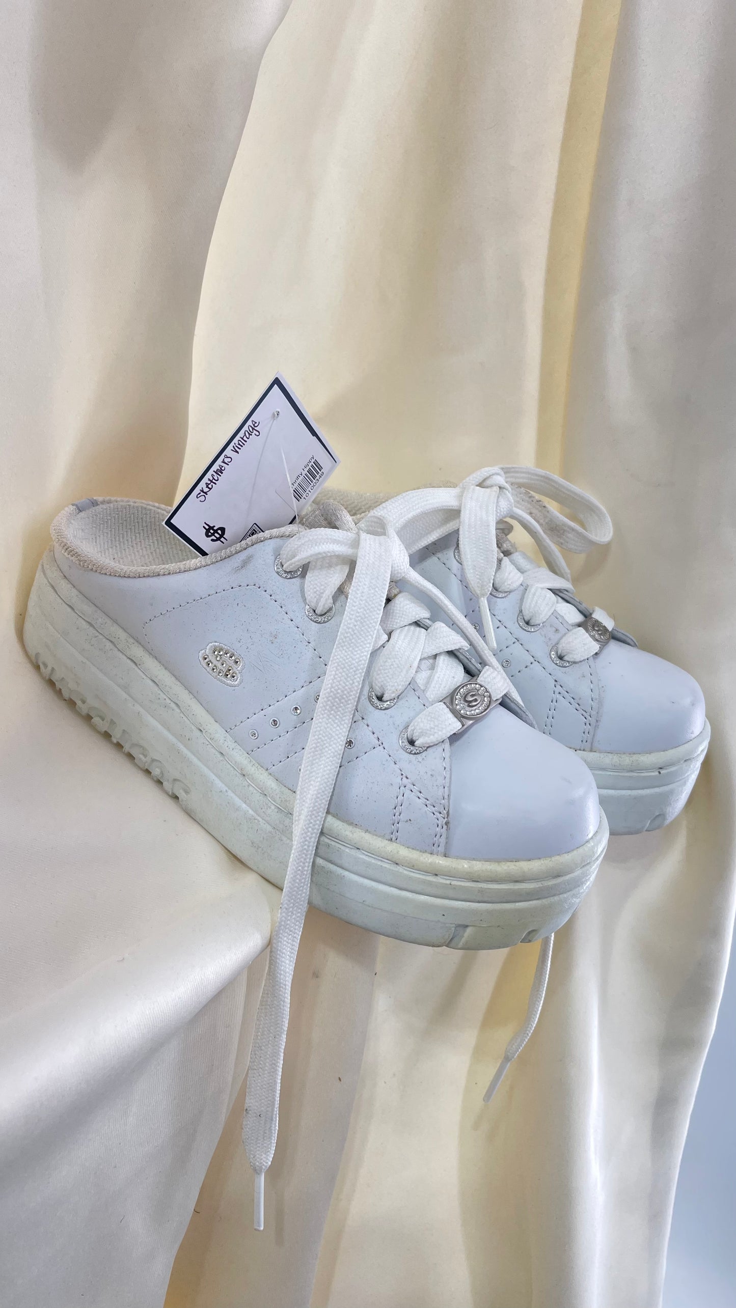 Vintage White Sketchers Slip on Platform Jammer Sneakers with Bedazzled Details (6)
