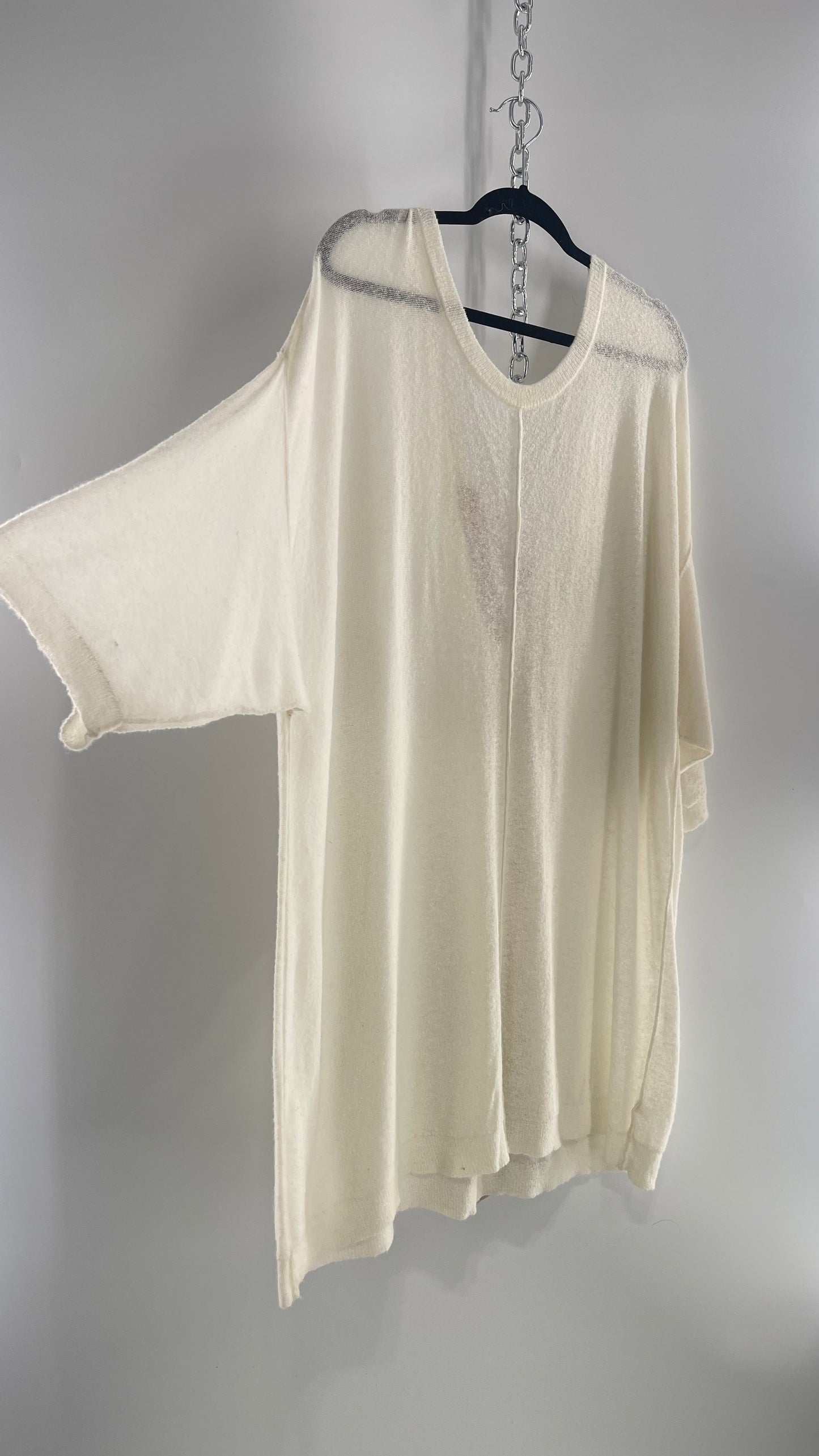 Free People Off White Thin Knit Cozy Sweater Dress with Open Back and Dusty Rose Ribbon (L)