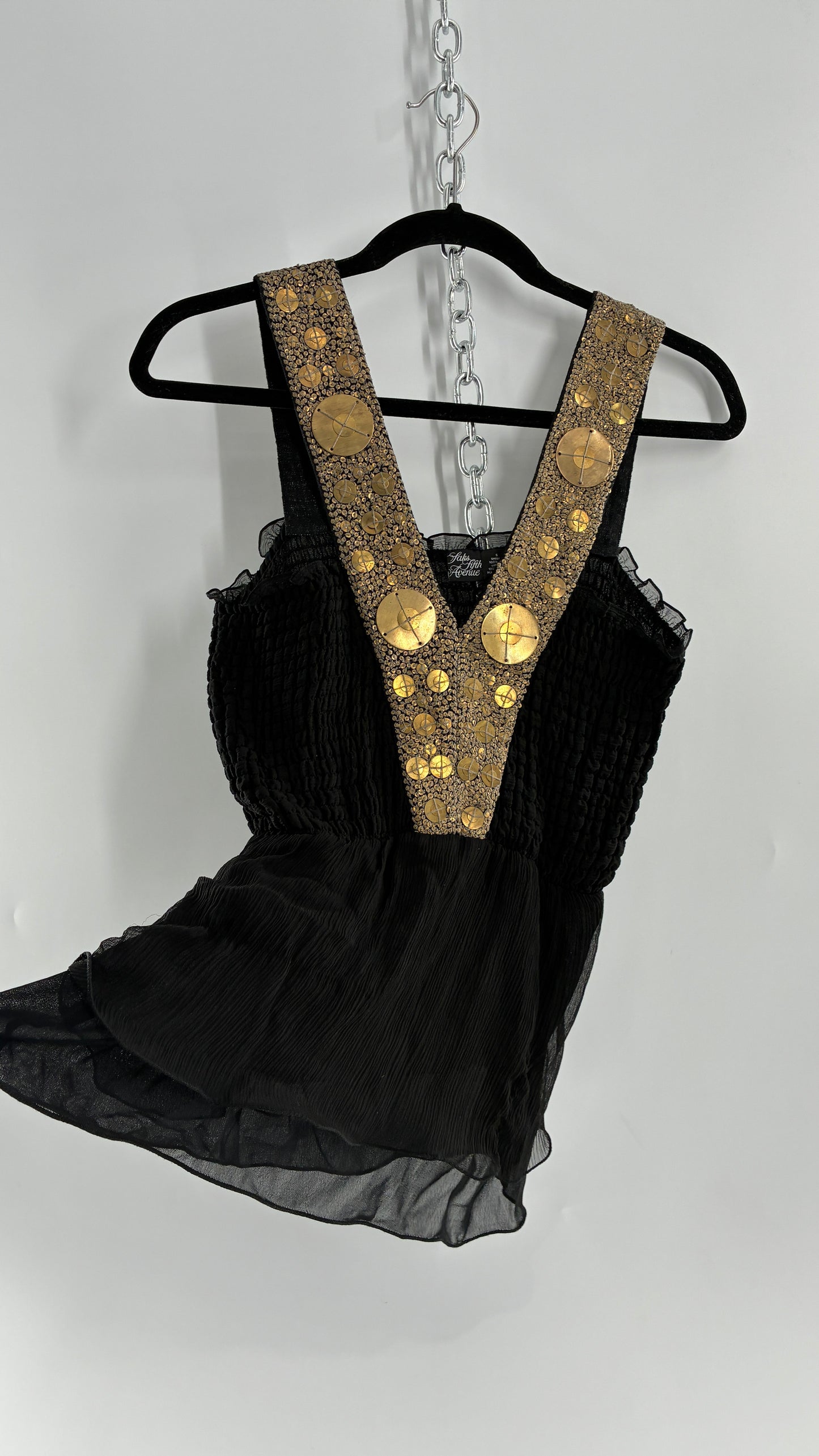 Vintage SAKS FIFTH AVENUE Black 100% Silk Camisole with Heavily Beaded Bronze Appliqué Strap (Small)