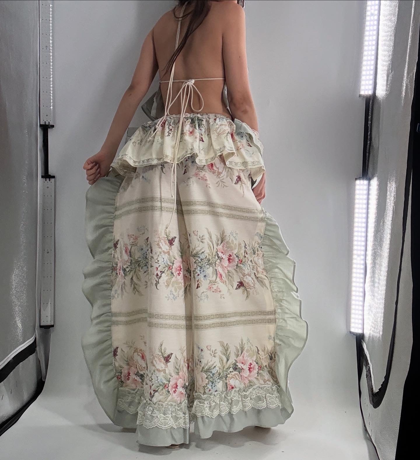 Handmade Vintage Muted Florals Two Piece Set with Adjustable Waist and Bust Lines (XS-XL)