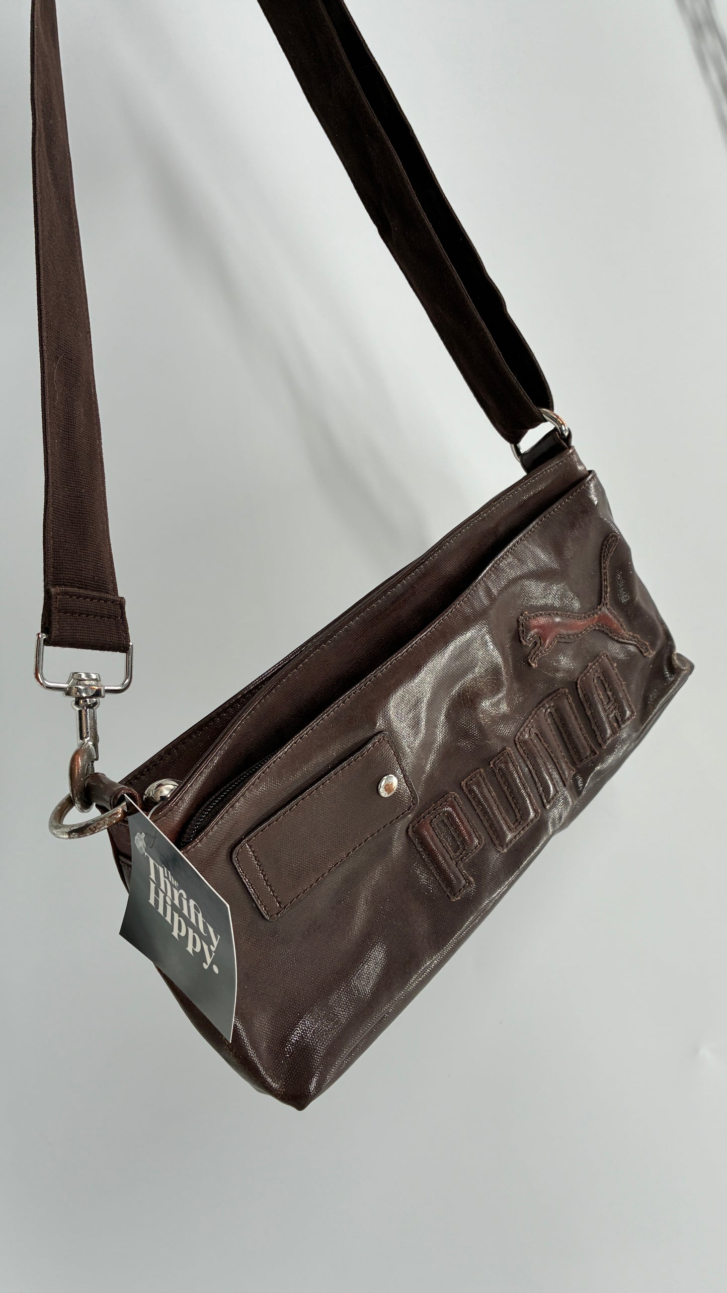 RARE Distressed Vintage PUMA Shoulder Purse, Brown W/ Iconic Logo