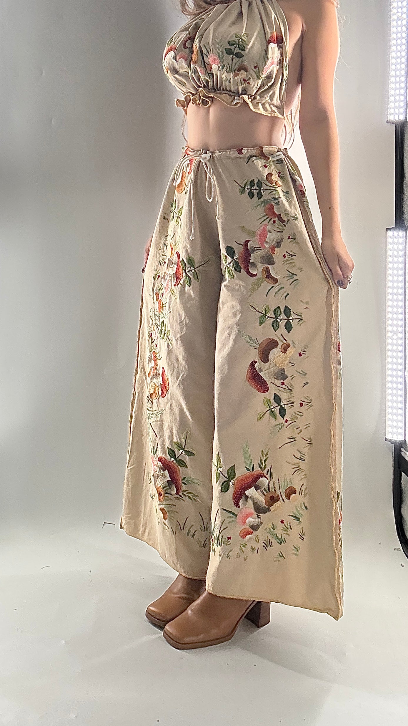 Vintage Custom Handmade and Hand Embroidered Two Piece Set with Mushrooms, Vines, and Ladybugs (XS-L)