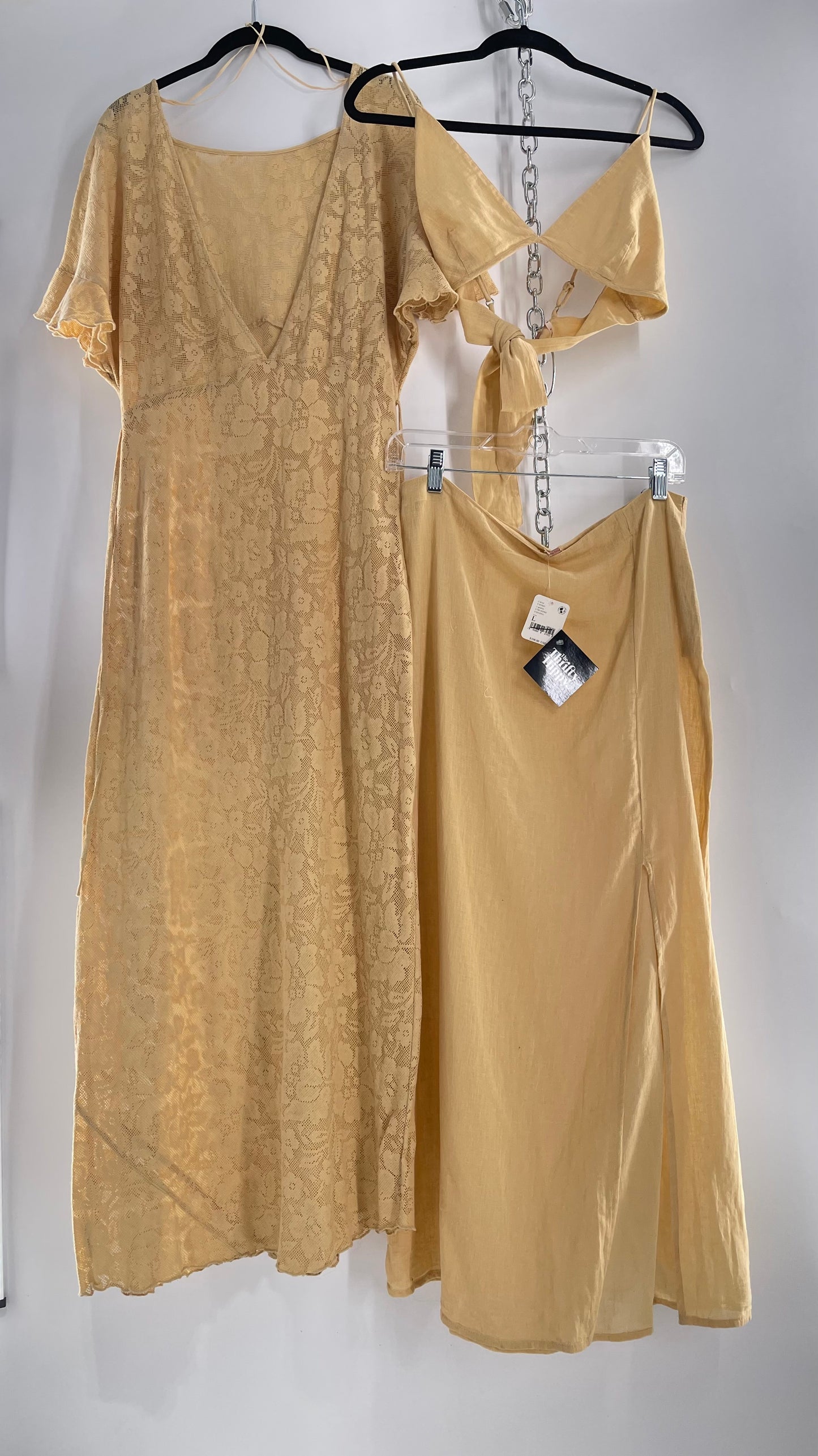 Free People Yellow Lace Gauze Maxi Dress Set with Bralette and Side Grommet Skirt (Large)
