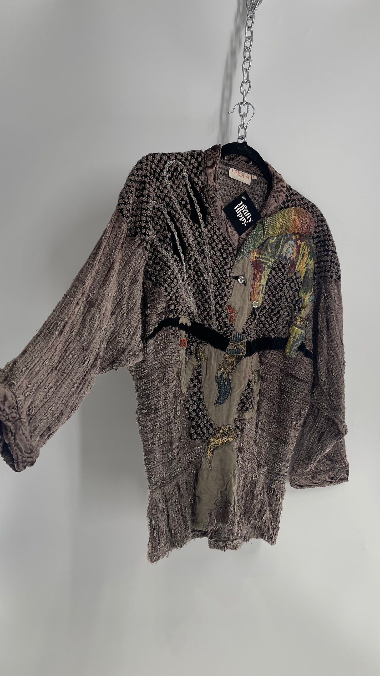 Vintage CHOLA Grey 1980s Patchwork Sweater (Large)