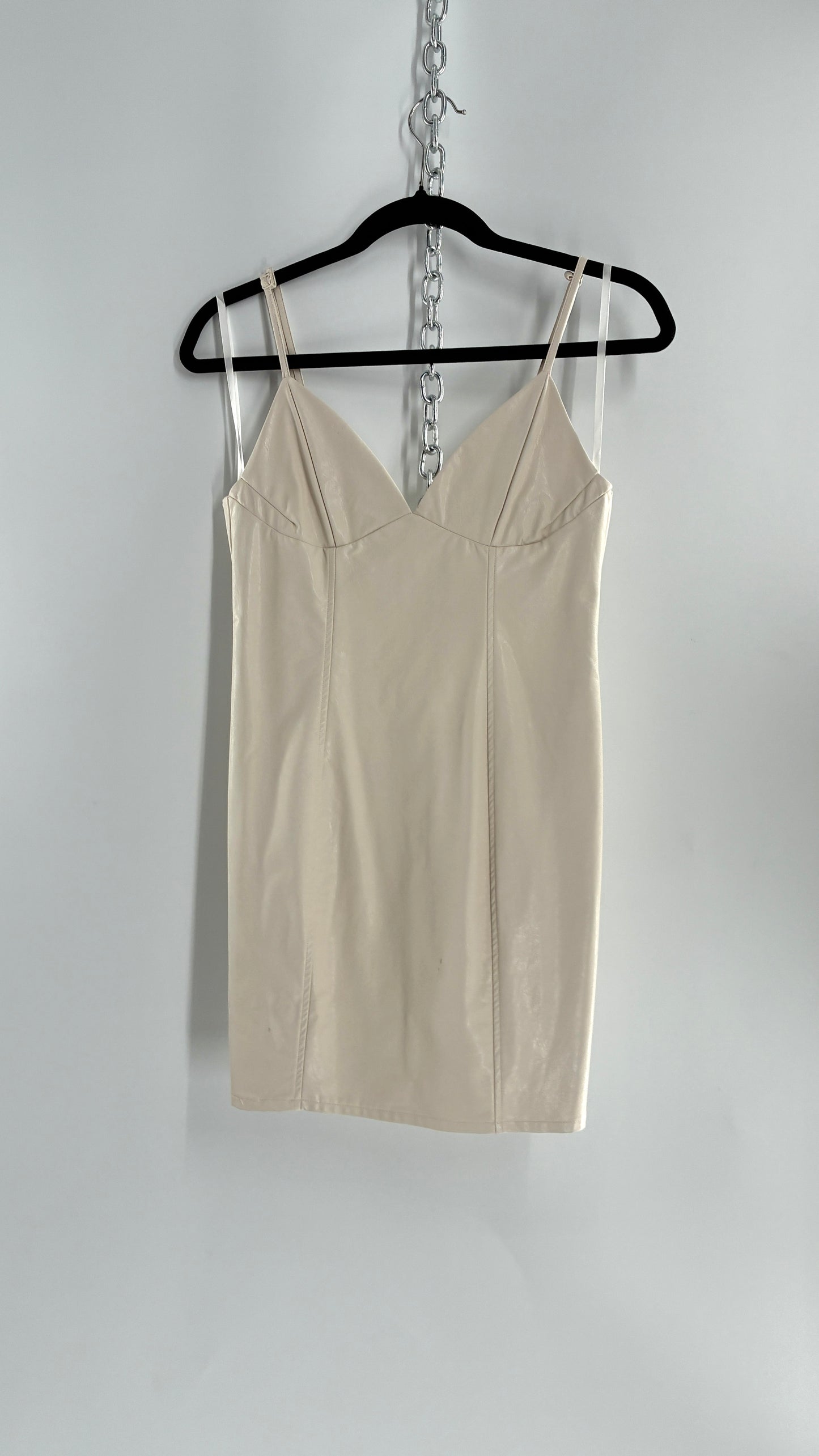 Super Down Vegan White Leather Camisole Mini Dress with Triangle Cups (XS)