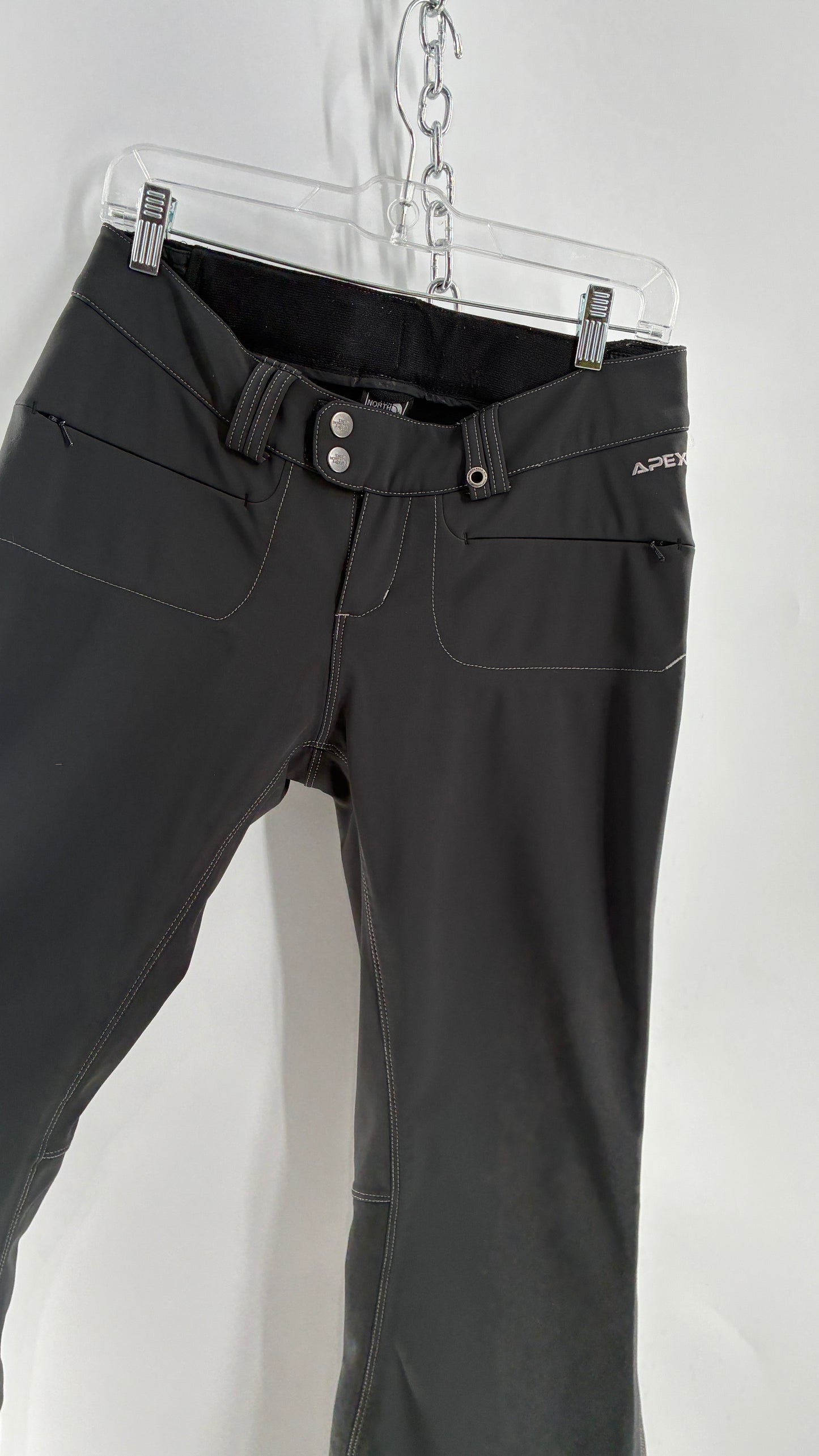 Vintage North Face Dark Gray, Low Rise, Kick Flare Pants with Contrast Stitching, Side Closure and Oversized Bum Pockets (Small)