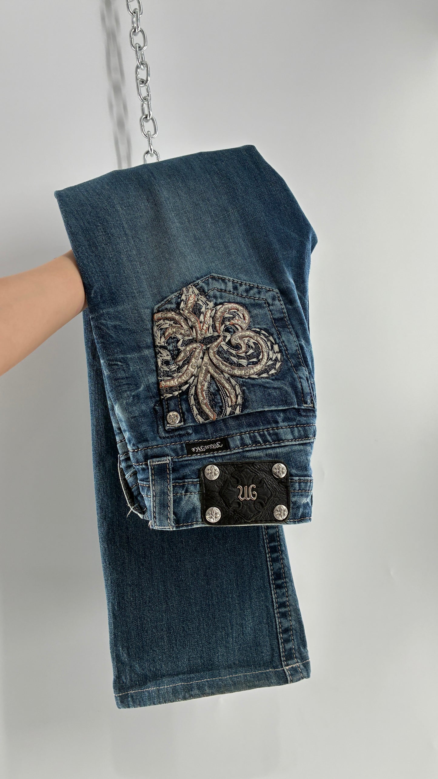 Vintage MISSME Kick Flare Jeans with Embroidered Pockets with Rhinestone Detailing (28)