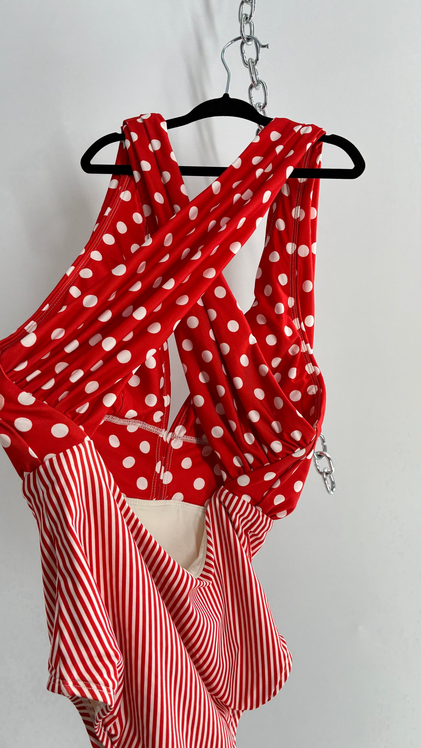 ALLIHOP Anthropologie Red and White Retro Thick Striped and Polka Dotted Bikini with Open Criss Cross Back (Small)