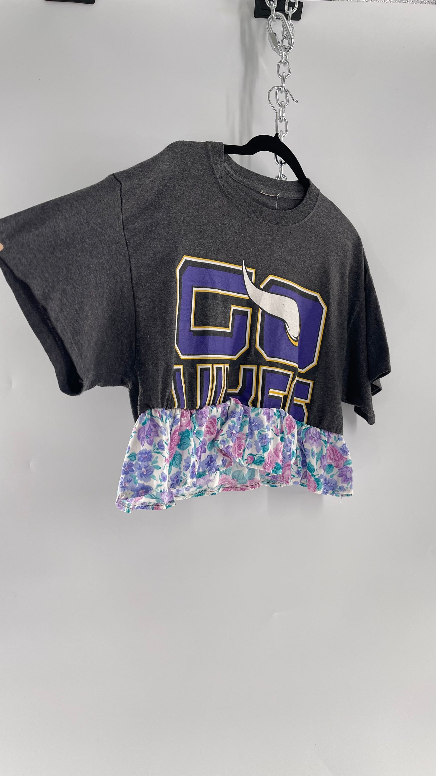 Urban Outfitters Reworked Go Vikings Sports T with Floral 80s Ruffle (M)
