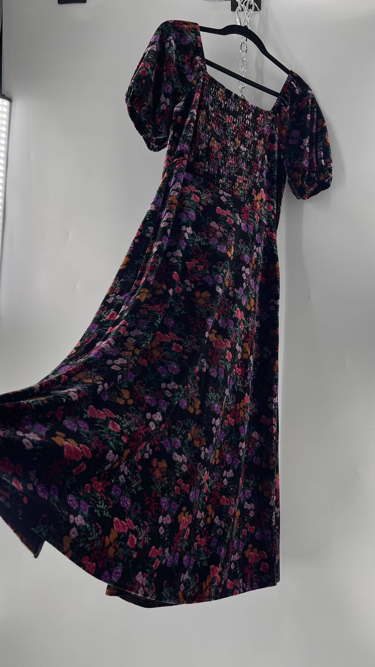 LOFT Velvet Dark Floral Full Length Dress with Puff Sleeves and Smocked Back with Tags Attached (8)